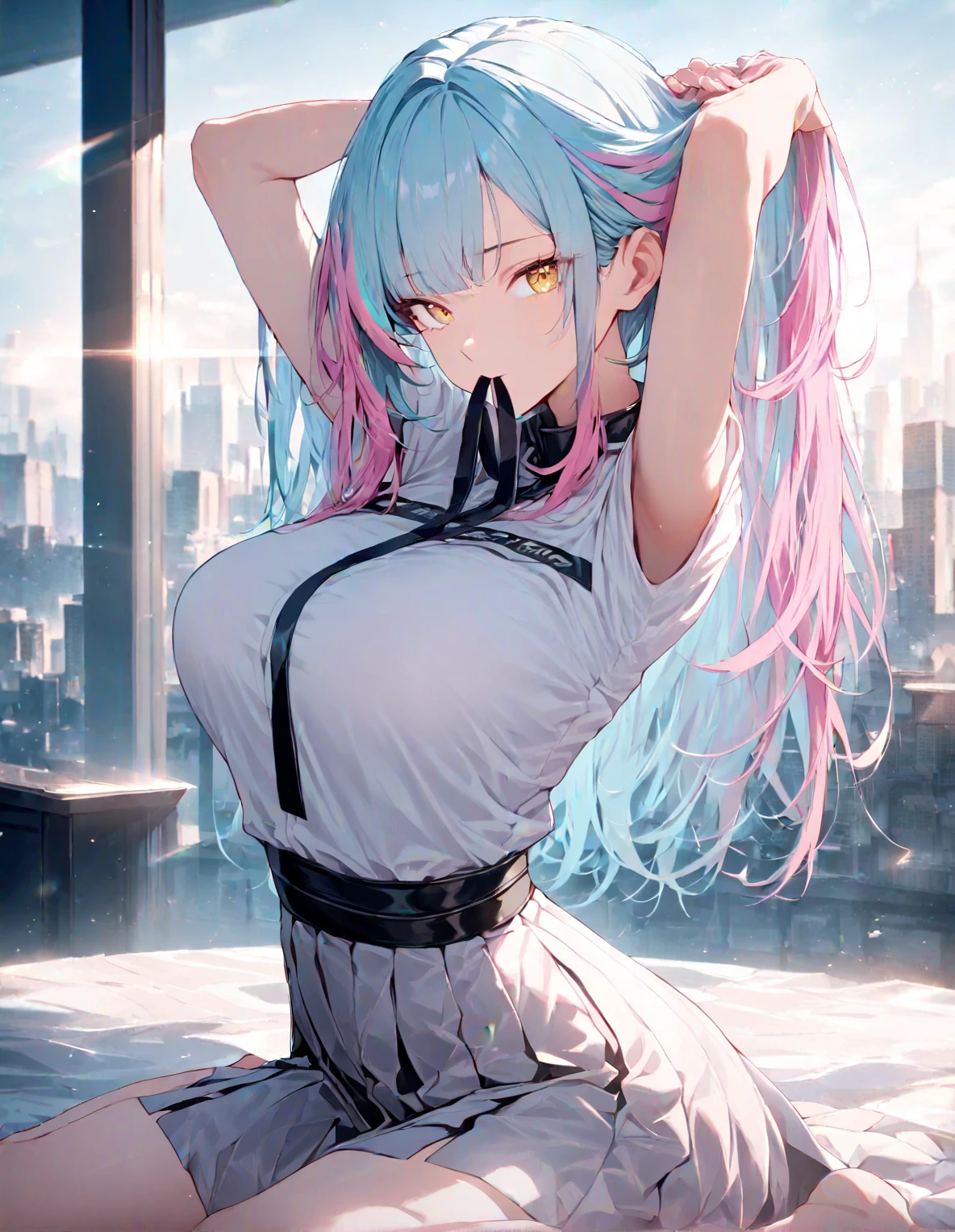 最high qualiy、best quality image、work of art、Kizi((18-years old、 Becoming、Better bust、medium bust,wide open breast tea、eerie glowing red eyes,silver hair、disheveled hair、long hair、fine tune,The highest valley、Open chest、Luminous bracelets、ha、hair ornamen、luminous necklace、Black sleeveless sweatshirt(1:2)、blue short skirt、Disheveled clofine tuneg、Show your whole body,Low - Angle、hacker type、perspiring、To attract、Cute black mask、Leaning against a wall、black scarf、Have a smartphone、rear view、Accentuate your ass、standing on all fours)),high qualiy、linda arte、fund((neon lig、Interior from neon to black))、Voo、flying debris、Written limit depth、film、visual arts、Perfect artwork、8K,genuine,