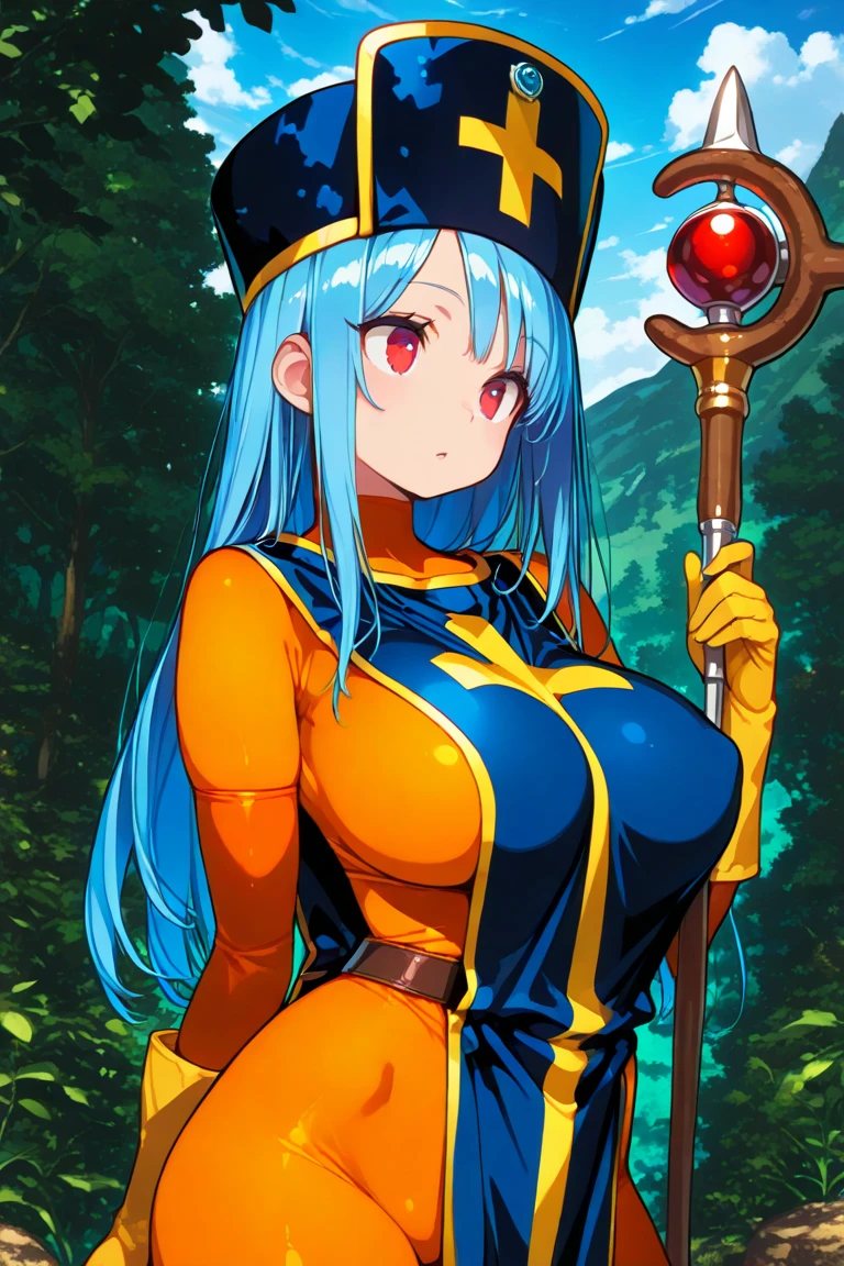 ((masterpiece, best quality;1.3)), ultra detailed, 1girl,priest \(dq3\), (orange bodysuit), latex bodysuit, long hair, 1girl, solo, breasts, looking at viewer, large breasts, red eyes, gloves, hat, blue hair, aqua hair, bodysuit, staff, tabard, cross print, mitre, (forest, blue sky:1.1), from behind, torn clothes, ripped clothes,dishwasher1910, <lora:priestDragonQuestIII_v20:0.8> <lora:dishwasher1910Style_v10:0.8>