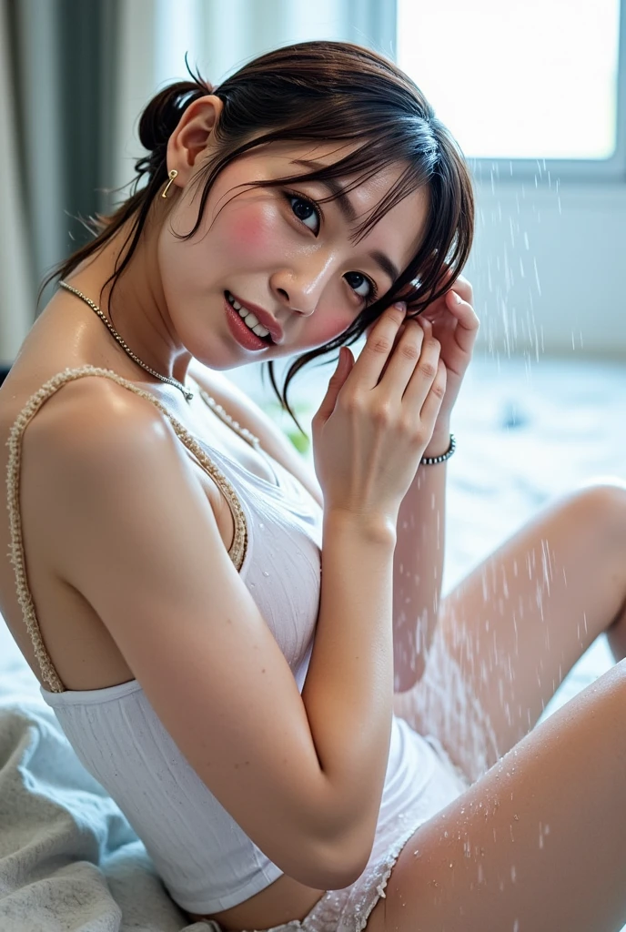 doggy style, femele, 40 years old, Bend over, Stick your butt out, ((Ahegao)), hyperdetailed face, Detailed lips, Detailed eyes, 二重まぶた, Open mouth、Wearing white sexy lingerie、(Colossal tits、Brunette Bob Cut Hair、Vulgar、 ((Sweat)、Ultra High Quality、Background with: Garbage House、looking at the viewers、A smile、Perfect slim figure、(From high-angle shots)、(tongue out and mouth open:1.2)、(Look up into the eyes:1.3)、Her face and chest are wet with cloudy liquid、A slight smil、