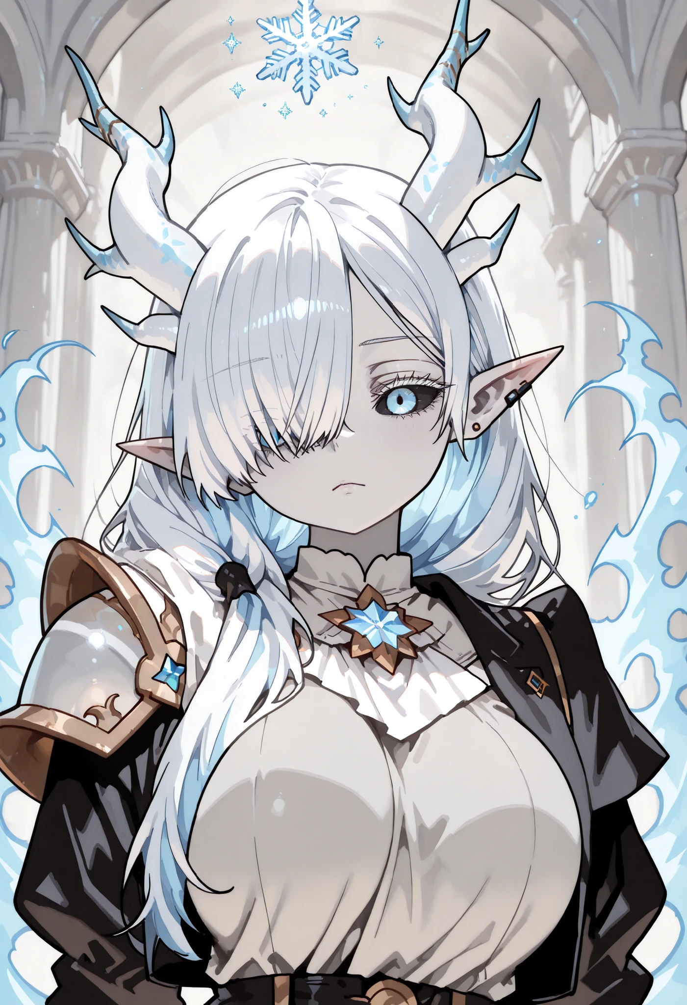 1girl, Gojo Monika, white hair, very long hair, hair over right eye, blue eyes, colored eyelashes, white eyelashes, large breasts, pale skin, wide neck cloth, shoulder over cloth,
Wearing a parker ,looking at viewer, fingernails, background, score_9, score_8_up, score_7_up, source_anime, Composition, foreshortening, positioning, pose, improved pose,body composition, facial expression, expression, sinozick style, flat color, detailed, high detail, solo focus, colorful, detailed, , (masterpiece, best quality, absurdres, very aestetic, perfect anatomy, sharp focus), artist:ningen mame, artist:quasarcakec, Josebonn, Josebonn style, flat color, EyesHD, large, two-tone hair, (white hair), light blue hair, disheveled hair, hair over one eye, parted bangs, hair half over shoulder), single black sclera, elf ears, ear piercing, grey shirt, black jacket, open jacket, shoulder armor, white castle background, dragon horns, white costume, deep blue aura, snowflakes, dynamic pose, dynamic angle
