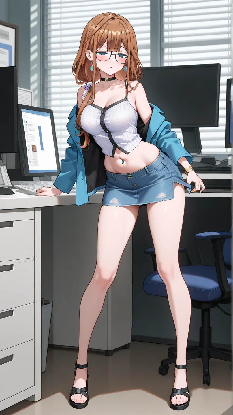 (((masterpiece, Highest quality, High resolution, 超High resolution, Perfect Pixel, Depth of written boundary, 4K, RTTX 10.0))), Beautiful Anime Women, Beautiful art style, Anime characters, ((Smooth texture, Realistic texture, Anime CG Style)), Exact finger count、Exact number of legs、(Exact number of arms:1.0, Exact number of hands:1.0), (Perfect hands, Perfect Anatomy), Cinematic, Realistic, Extremely detailed CG, Daytime lighting, Perfect lighting, Best Shadow, The best natural light, whole body, Perfect body, バランのとれたPerfect body, Perfectly balanced style, (Slender body:1.2), ((Long Hair, bangs, Reddish brown hair, Stylish hairstyle)), ((A cute woman stands with her hands in her panties:1.8)), (Put one hand in your panties:1.8), (fingering:1.8), (pussy juice:1.5), ((Bow tie around neck, High heels:1.3), (Sexy and cute light blue underwear:1.3), (Stylish shiny light blue satin panties, Side-tie panties, The panties are plain light blue in the center with lace decoration on the sides.:1.3), (Thin panties with ribbon:1.3), (Light blue micro lace satin bra, Light blue bra with lace trim, Thin bra with ribbon:1.3), (lace garter belt, Garter Strings, Knee socks:1.3):1.3), (Beautiful big , Cleavage:1.1), (Embarrassed expression:1.4), blush, (sexual pleasure expression:1.5), (The expression of someone who is holding in the toilet:1.4), (Look up, Mouth half open:1.4), (Half-close your eyes:1.3), (Modern office corridor, Corporate Office, Many business people in the background, currently accepting, Guidance:1.3), naked, In underwear, Office lady in underwear, whole body, Angle from the front, chizuru