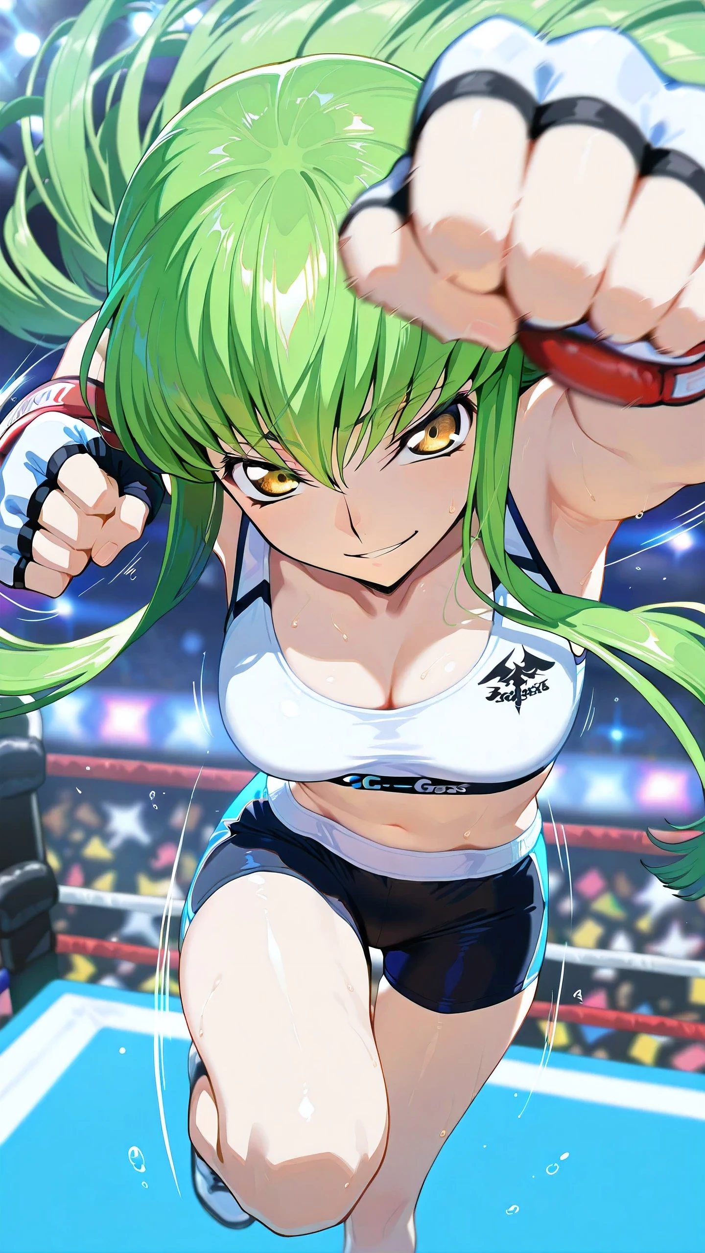 C.C., Code Geass, gold eyes,, solo, Detailed eyes, white sports bra, black boy leg spats, white fingerless gloves, thigh, cleavage, slim long legs, medium breast, smirk, looking at viewer, Detailed eyes, Detailed face, portrait, from above,
p4nch, punching, clenched hand, motion lines, motion blur,
boxing ring, spectator seats, (depth of field).