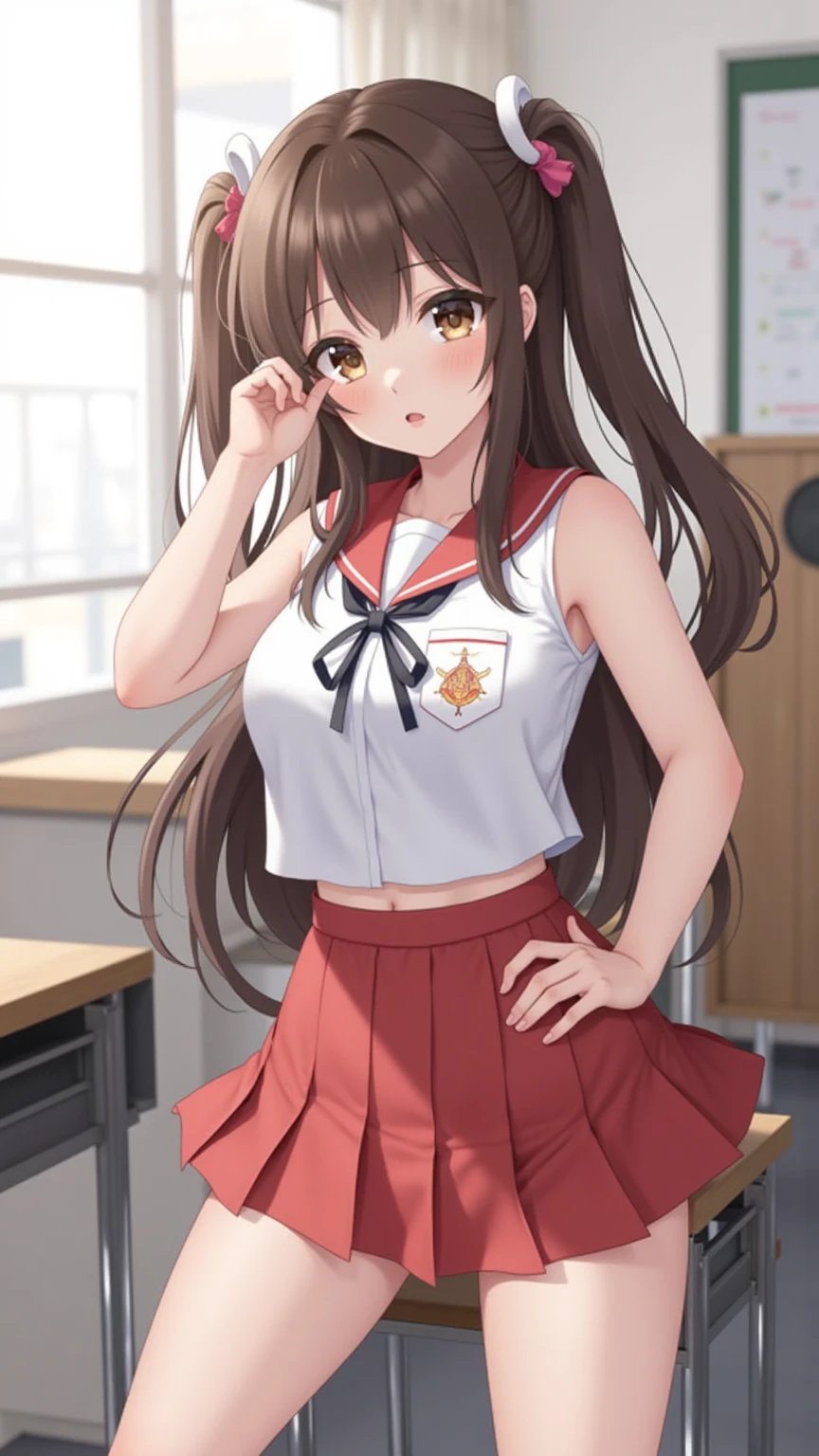 ((table top, highest quality, High resolution, perfect pixel,  4k,)), 1 girl, single, alone, Beautiful woman、I could see the whole body、 ((short wavy hair, bangs, brown hair)), ((brown eyes, beautiful eyelashes, realistic eyes)), ((detailed face, blush:1.2)), ((smooth texture:0.75, realistic texture:0.65, realistic:1.1, Anime CG style)), medium breasts, dynamic angle, perfect body,  ((Sit on the floor with your legs spread、Change clothes in the locker room、red and white cheerleader uniform、Red and white short-sleeved shirt、red and white ruffle skirt、、The wind flips my skirt、floral lace panties、))、、see through nipples、Very embarrassing panic smile、、cover your chest with both hands、、