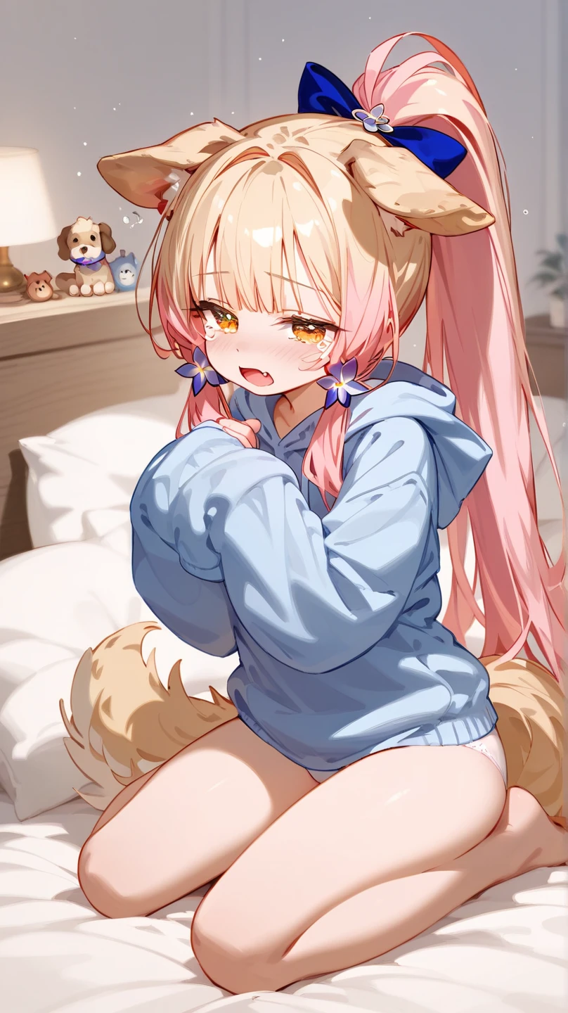 ((masterpiece)), (Highest quality), (detailed), (1 Girl),,Red eyes,Light brown hair、Long Hair、Wolf Ears、,bed、Large Breasts、blush、T-Shirts(tight)camisole、Long maxi skirt、Face up、ass pov、Subjective、hand stroking cheek