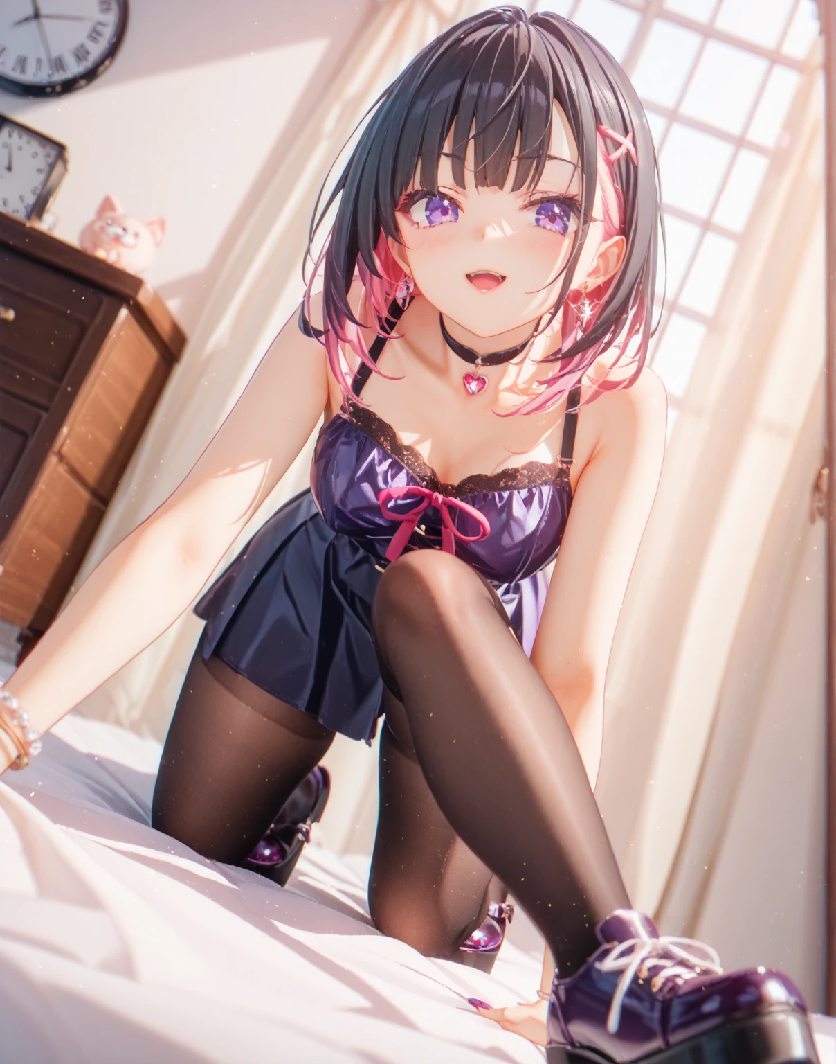 (best aesthetic,best quality,ultra high res,insanely detailed,exquisite,absolutely resolution,explicit),ligne claire,beautiful,BREAK,(((perfect anatomy,perfect proportion,artstation female body))),BREAK,(tiny toddler gal,loli),slut,BREAK,(detailed beautiful jewely catchlight gradient slant eyes),BREAK,(thick bluish eyeshadow, thin eyebrows, thick black eyeliner, Highlighted eyes with eyeliner, false eyelashes),BREAK,gleaming skin,super detailed skin,BREAK,((nsfw,in heat,aroused,heavy breathing)),BREAK,small baby face,childish and super cute,((((blush)))),BREAK,Bishojo,ultra cute,Kawaii,BREAK,low body size,short stature,slender,4 head talls,BREAK,(((((jirai kei))))),BREAK,(black and purple ((streaked hair))))),(((((two side up long hair))))),BREAK,((shiny glossy metaric beautiful hair,gradient hair)),BREAK,(((((flat chest))))),((erectile nipples,long nipples)),BREAK,negligee,sexy lingerie,baby doll,(satin:1.4),(sequins,lame:1.4),(shiny clothes:1.4),BREAK,(lolita thigh high knee socks:1.3),zettai ryouiki,garter belt,((No panties)),BREAK,love hotel,(lying on bed:1.4),evening,(dripping love juice:1.3),(sweet pussy,show off pussy:1.4),BREAK,(holding breasts,breast squeeze,bouncing breasts:1.5)