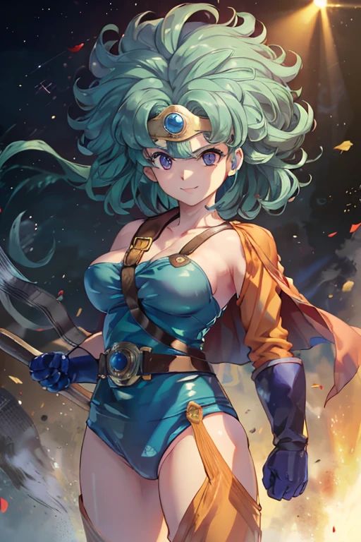 Anime Artwork Anime Artwork Masterpiece,most、high quality, Unreal Engine, Ultra-high resolution, Very detailed丸い胸, 1 person with medium chest, Waist, thin,(Muscular:0.9)
e,
Circlet, Curly Hair, Green Hair, short hair, Asymmetrical clothing, leotard, belt, One-handed gloves, Single Sleeve, Single Thigh High Cave, Holding a sword, . Anime Style, Key Visual, Vibrant, Studio Anime, Very detailed、 I'm running out of life. ragged equipment. kneel on one knee. be attacked by fire by the enemy.The leotard is torn to pieces.