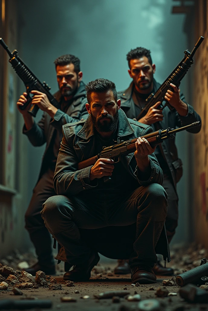 Four men playing free fire game with guns in their hands killing three men with guns cartoon