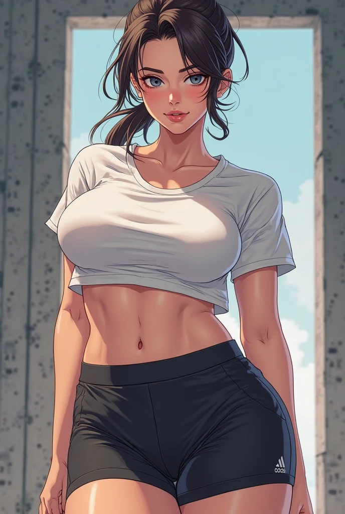 photo of mlp Meowko, RAW, beautiful woman, ((portrait)), ((detailed face:1.2)), ((anime face, anime facial feature, clear skin, glossy anime lips, clear skin), (short messy lesbian haircut, brunette: 1.55), (perfect proportioned body, Strong, muscular, narrow waist, narrow hips, skinny, large breasts), (she is wearing A knitted halter top, teal blue halter top, Daisy Duke shorts), sitting in driver seat of car, seat belt between breasts, (realistic photo, best quality, detailed), (8k wallpaper), (cinematic lighting, beautiful light, (afternoon:1.3)) (sharp focus, intricate)