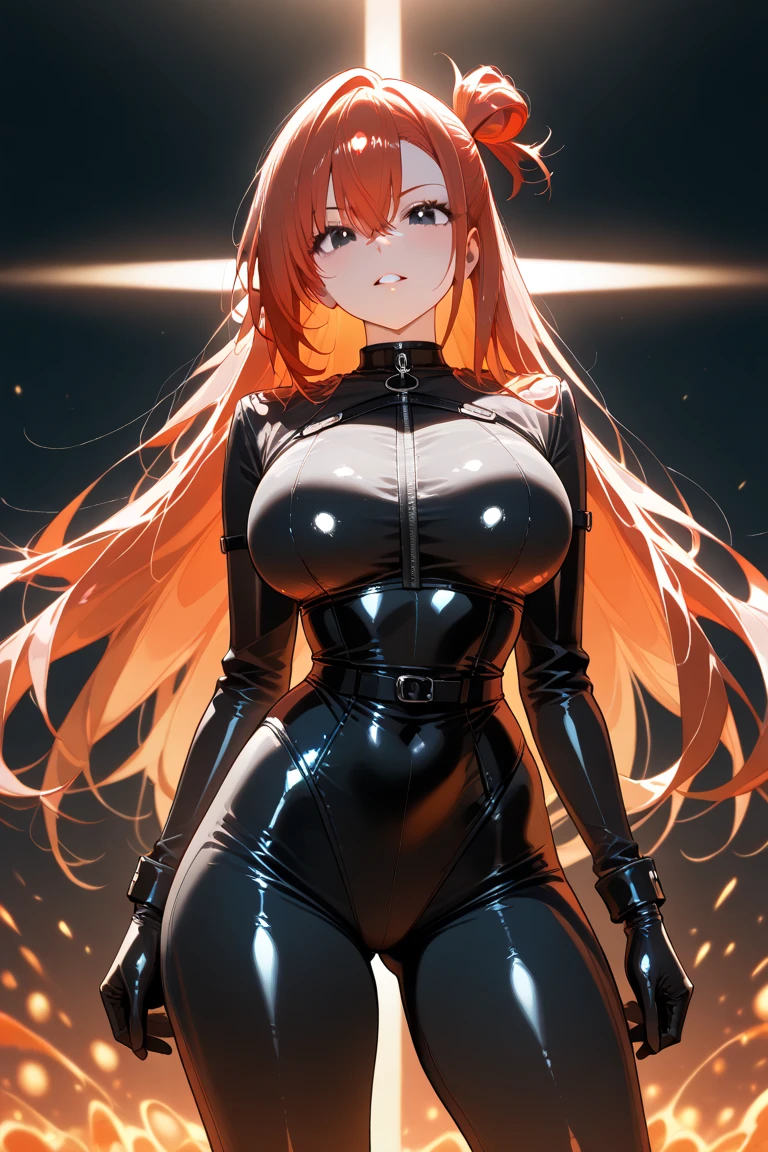 official art, Unity 8K wallpaper, ultra detailed, beautiful and aesthetic, masterpiece, best quality, realistic, close-up, skindentation, souryuu asuka langley, headset interface, bodysuit under clothes, detailed eyes, detailed face, detailed hair, black background, straight-on, looking at the viewer, shiny,