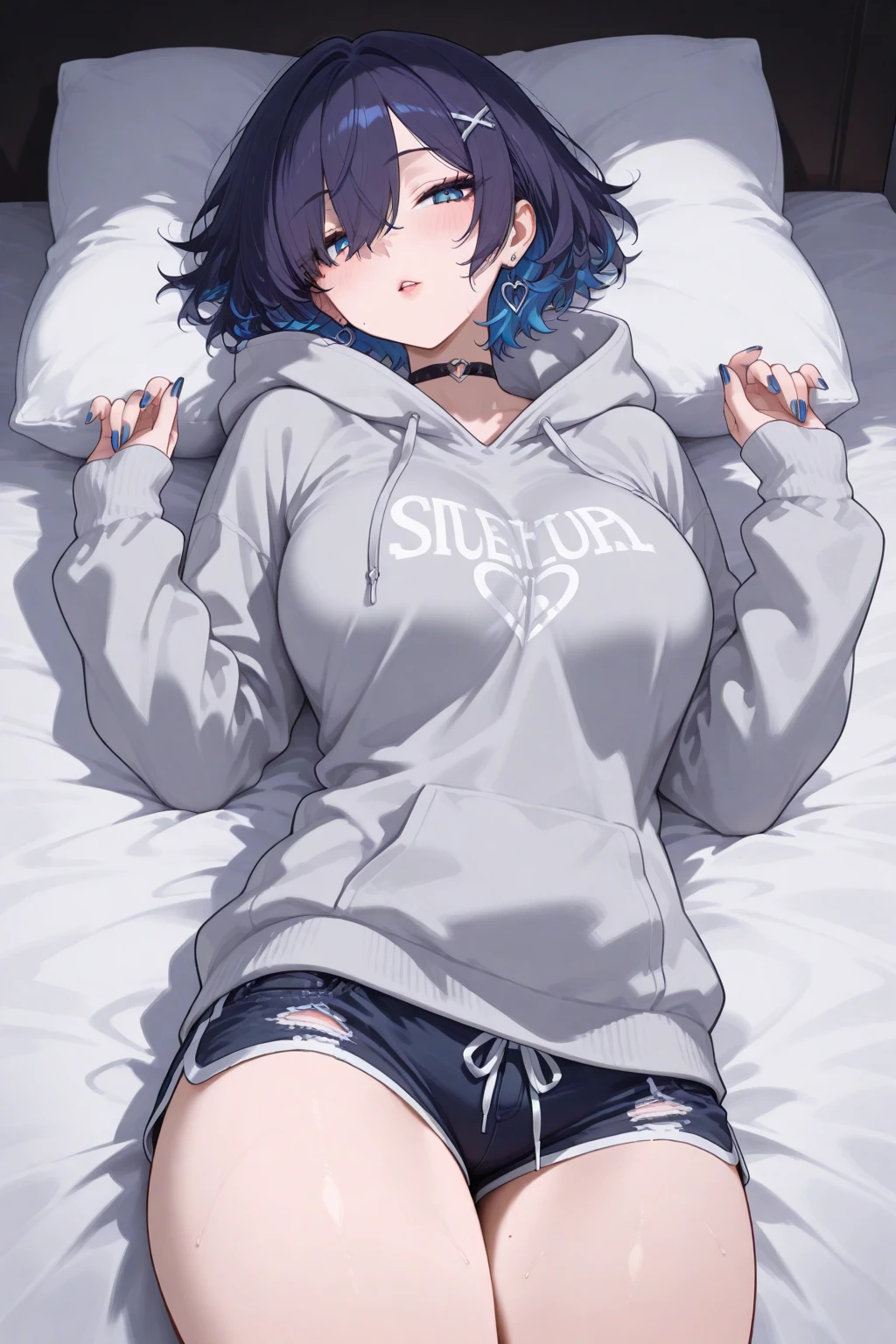 Beautiful women, Sexy Girls, Designer sweatshirt jacket with logo, Pants, Black short hair，Blue hair ends, bedroom, Lying in bed, (author Isaac Quek: 0.8) [author：Ilya Kuvshinov: 0.65]