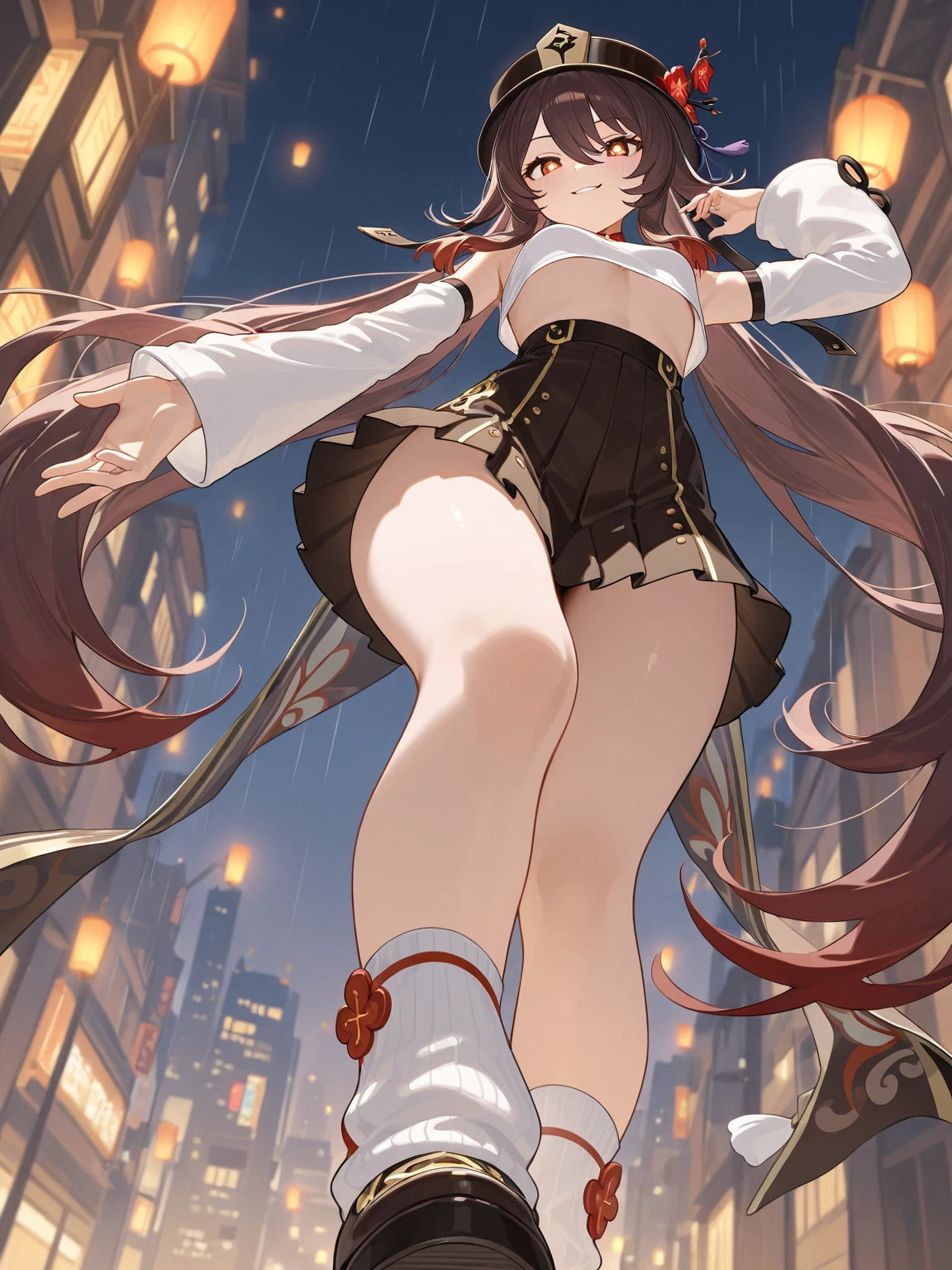 Hu tao, hutao, hair between eye, Hair intake, twintails, Long hair, (hutao Eyes:1.5), (huge breasts;1.4), two side up, brown hair, Big breasts, topless, nipples, looking at viewer, (masterpiece:1.2), Best Quality, High resolution, Unity 8k壁纸, (Illustration:0.8), (Beautiful detailed eyes:1.6), extra detailed face, Perfect Lighting, extremely details CG, (Perfect hands, Perfect Anatomy),、Stand on the escalator, (By up escalator), (lower body shot), Thigh Focus, (Taken from the bottom 1.3), (white panties:1.3), embarrassed, Blushing, wobbly mouth, (excited), Looking at Viewer, Outside, Panties, Sexy, (thick thighs:1.7), wide hips