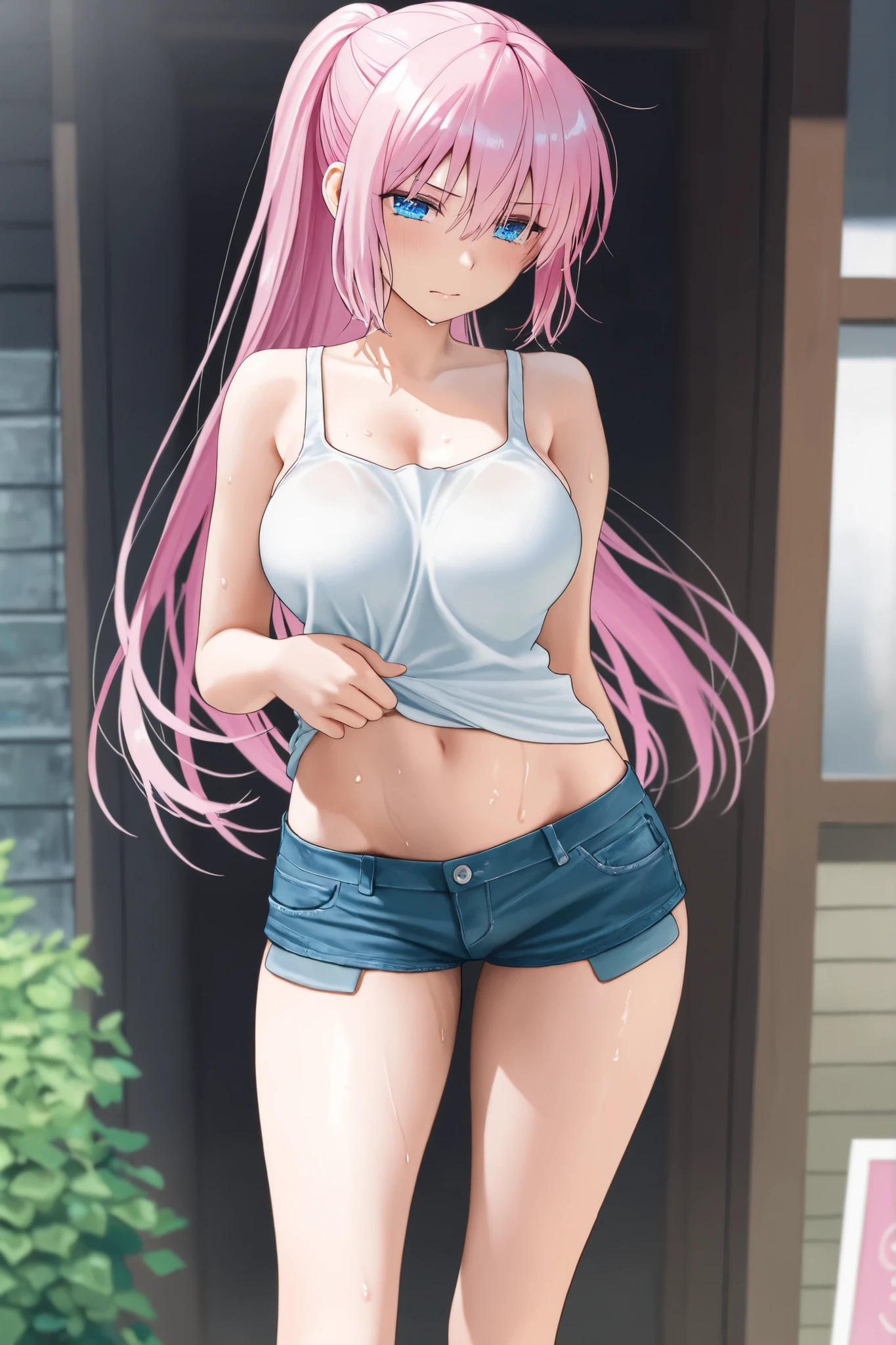 (masterpiece, best quality), 1girl, large breasts, small hips, beautiful green eyes, pink hair, crop top, denim shorts, bedroom, striped thighhighs, pervert, petite, glasses, covered nipples, pussy peek, Anime_screenshot, shuz, croptop overhang, see_through croptop, :3 face