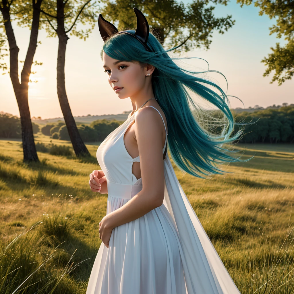 ((masterpiece, best quality)),(illustration),(detailedlight),((anextremelydelicateandbeautiful)),1girl,GodolphinArabian,long hair,blue hair,green eyes,horse ears,horse girl,hair_ornament,white dress, bare shoulders, ,sleeveless,evening dress,long dress,outdoors, light,blue sky, horizon, meadow, wild