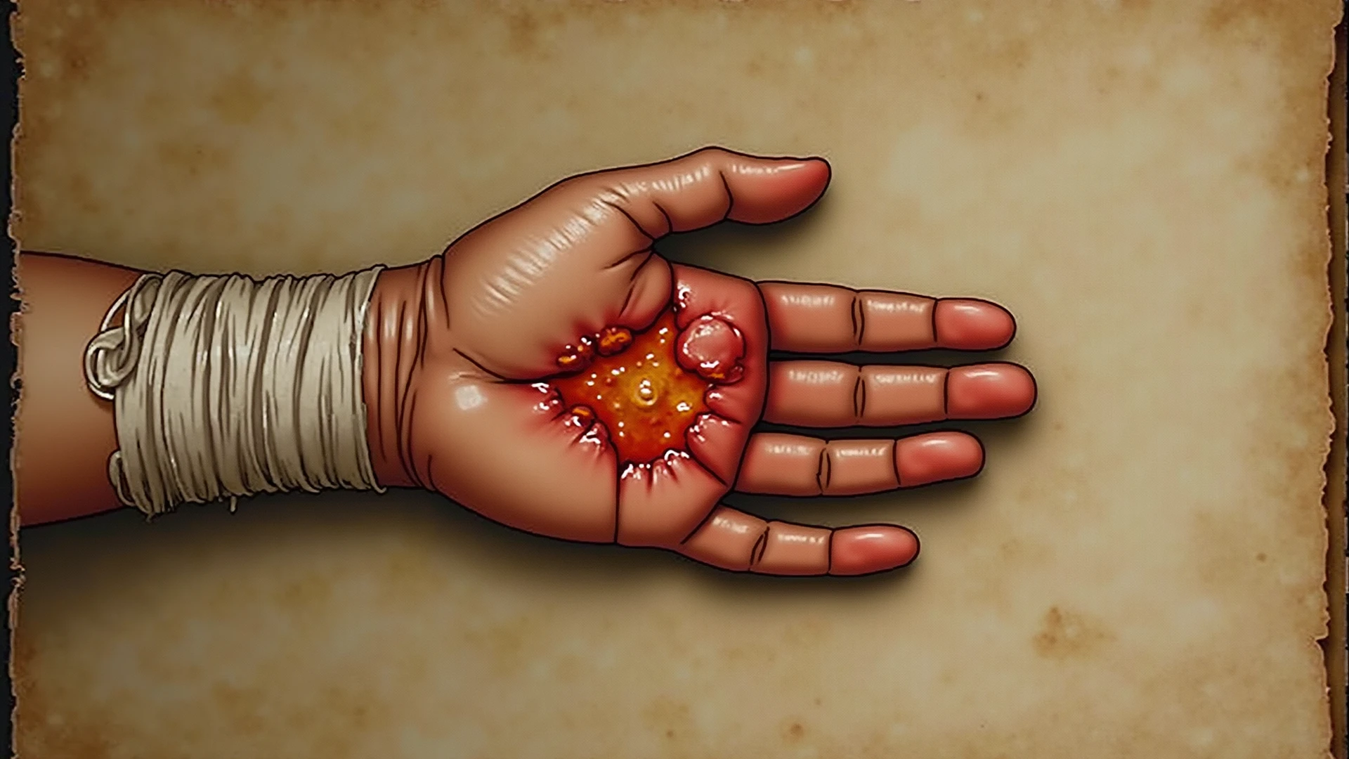 I am looking for an illustration of a Blisters Swelling DUE TO A BURN with the following style:drawing style: Modern and vector, with smooth, clean lines, and vibrant colors. Cartoonish but realistic. Color: Using a palette of bright and contrasting colors that are pleasant and eye-catching. FORMAT: Illustrations arranged in a book or manual style. This illustration is intended for a guidance and training manual, so it must be clear, accessible and visually appealing."
