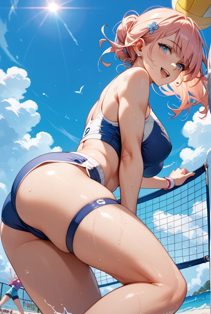 1 girl in,A pink-haired,Stripes on the hair,Light blue eyes,Sunglasses worn on the head,Seductive look,piercings,Double knot,Black Bikini,tiny chest,((shortpants)),((Short pants)),((Pantyhose Strap)),((lowrise)),Front hook,White jacket,high-heels,Beach,Wet,Squatting