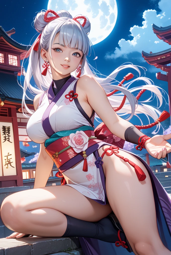 {{{best quality}}}, {{ultra-detailed}}, {illustration},{{{masterpiece}}}, japanese manga 「white suit woman」beautiful asian oni female warrior, wearing short fall off shoulders kimono , with thick curvy mature body yet muscular, long and voluminous white hair blown by the wind, 2 long oni horns, reddish fair skin , perfect face features expressive eyes , thick lips