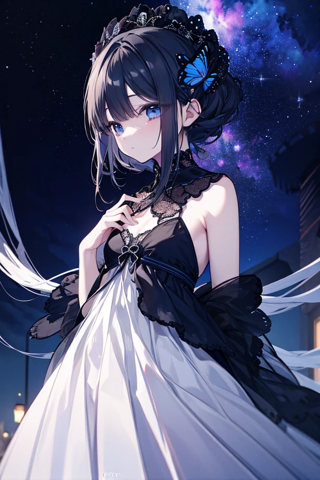 One 14-year-old girl, ((luxury black party dress))、(Inner color hairstyle), Beautiful Hair, Facial Contour, Remember, Party Venue, moonlight、splash, Lens flare,, Natural Color, High resolution, Very delicate, Very detailed, 8k,(There is swelling of the breasts、About B cup)、Shyness,((Sexual))、Overall angle of view