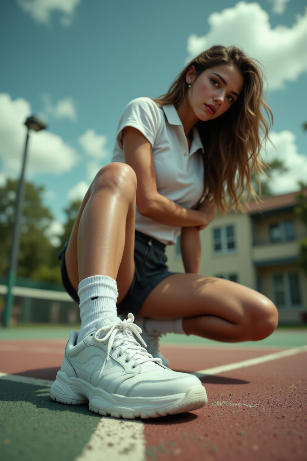 La misma chica, photo en train de faire du tenis sur un terrain de tenis , 2.8. brut, 4k, ultra haute résolution, La meilleure qualité, ultra detailed. dressed in sportswear sneakers shorts with tied hair,. , est la fille est super belle, elle a une raquette de tenis en main elle est bonne . Natural light reflects on it and it is , sexy , elle a le regard tourné vers le terain de tennis