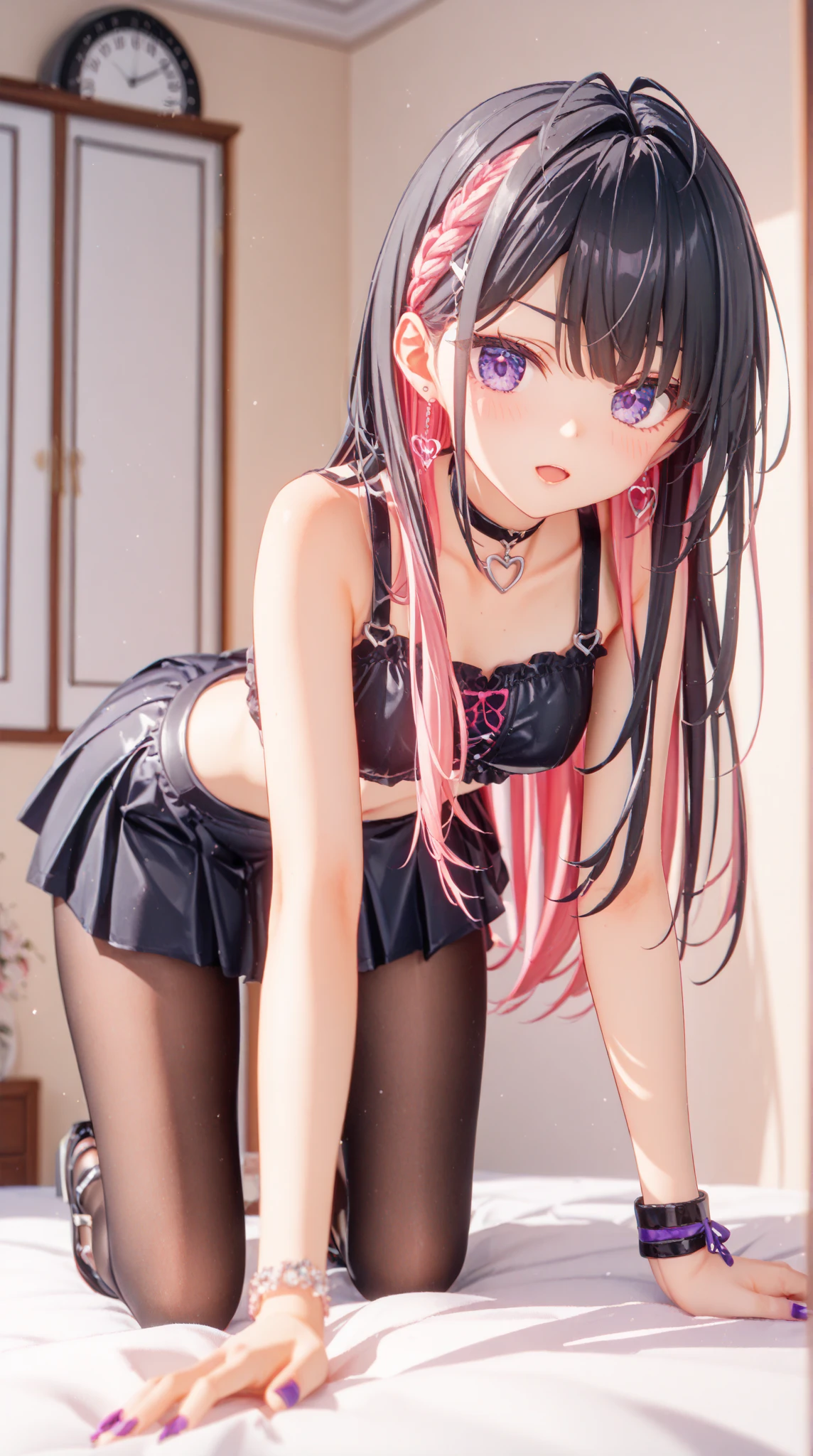 Rory Mercury, Rory Mercury, Black Hair, Blunt bangs, Hime cut, hair ornaments, Red lipstick, Long Hair, Cute face, compensate, (Small box:1.2), (Red eyes:1.5), break Gothic underwear, Perfect body (Small breasts:1.3), break in full growth, Red Shoes, break Black Stockings, Black Gloves break, Black thighs, Garter Straps, gloves, Gothic, Hair Ribbon, Gothicファッション, puffy Short sleeve, Puffy sleeves, Short sleeve, tights, tights, looks at the viewer, break (masterpiece:1.2), Highest quality, High resolution, unity 8k wallpaper, (Illustration:0.8), (Beautiful details in the eyes:1.6), Highly detailed face, Perfect lighting, Highly detailed CGI, (Perfect Arms, Perfect Anatomy), (white background:1.5), I have nothing in my hands, 1girl, whole body, Confused eyes