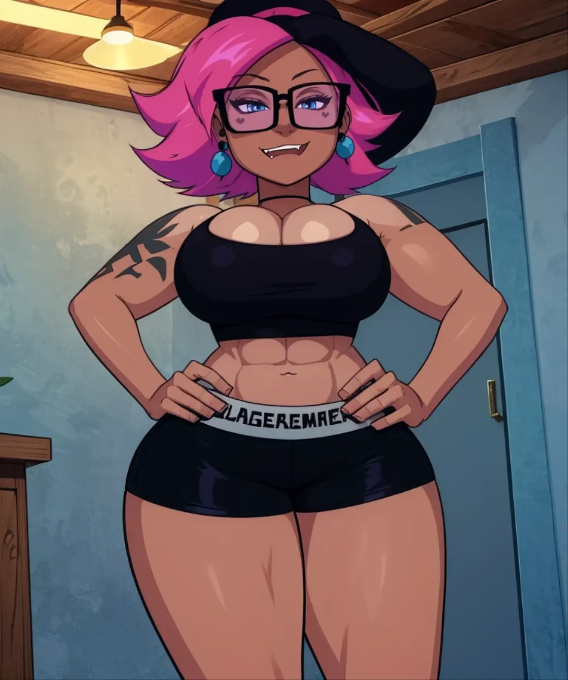 Ethelm,blue eyes,pink hair,short hair,fang,
glasses,right shoulder tattoo,black crop top,cleavage,large breasts,hat,small black earrings,black shorts,
navel,hips,muscular,
indoors,
(insanely detailed, masterpiece, best quality),(solo),<lora:Ethel:0.8>,