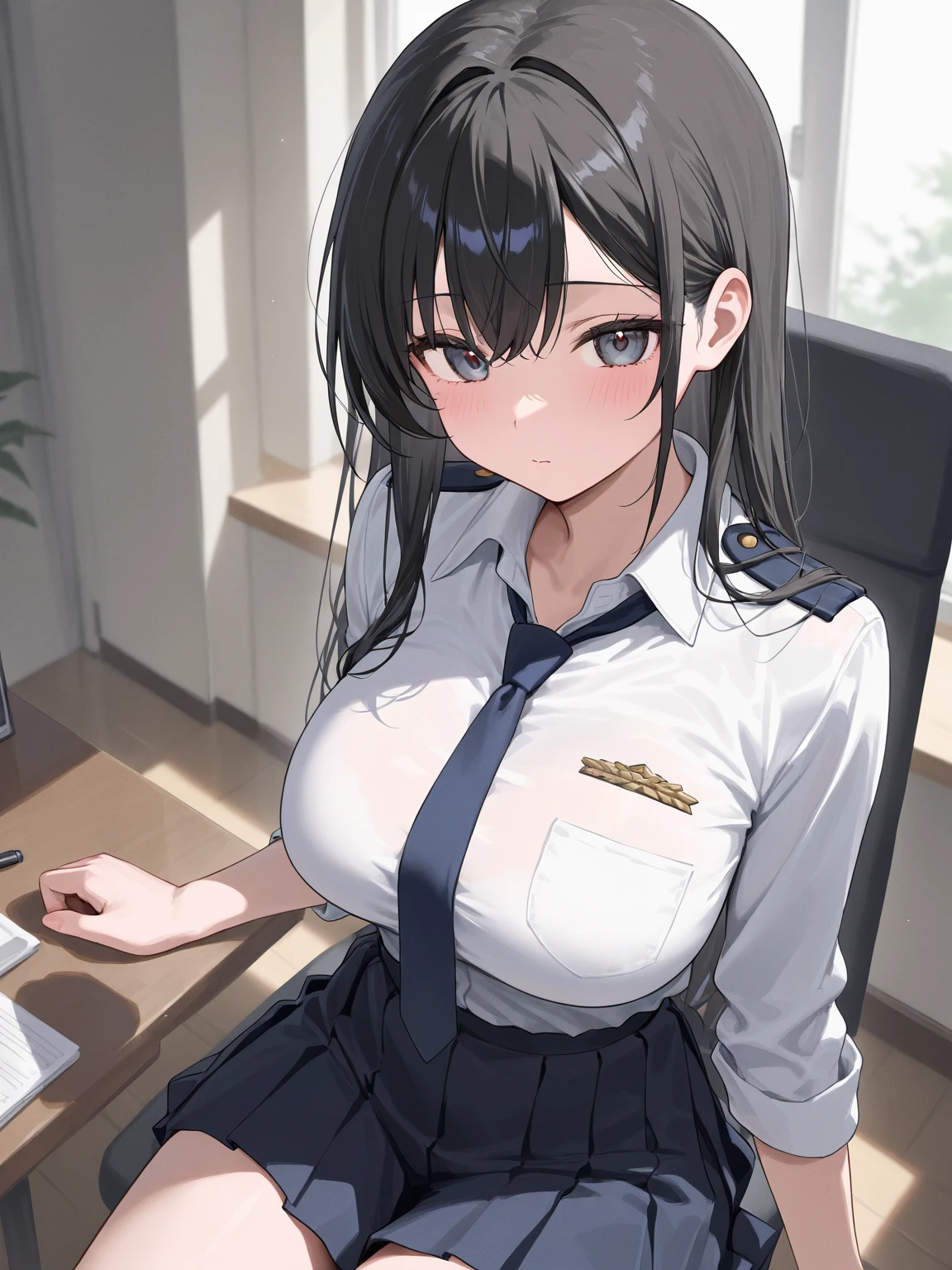 ((nsfw, masterpiece, best quality)), ((super high resolution)), (photo realistic), best shadow, (sharp sketch, illustration:1.2), high detail, very detailed, (nice hands, perfect hands), (POV, crotch focus:1.4), ((1girl)), beautiful girl, 18 years old, blue eyes, (black straight long hair:1.5), (normal breasts), glossy skin, ((view from front:1.5)), (very slender:1.3), (beautiful adolt face:1.3), famous idol, thin lips, detailed facial features, facial and skin texture, Crisp focus, perfect beautiful body and face, pink small nipple, beautiful face, perfectly in focus, long bangs, underhair, (in the office:1.3), all body, (happy:1.2), (sweat:1.5), ((sitting:1.5)), ((vaginal)), (policewoman costume:1.5), hair between eyes, (skirt lift:1.3), ((show off nipple:1.5)), ((spread pussy:1.5)), (uterus:1.4), (urethra:1.1), computer, (masturbation:1.3), cum on clothes