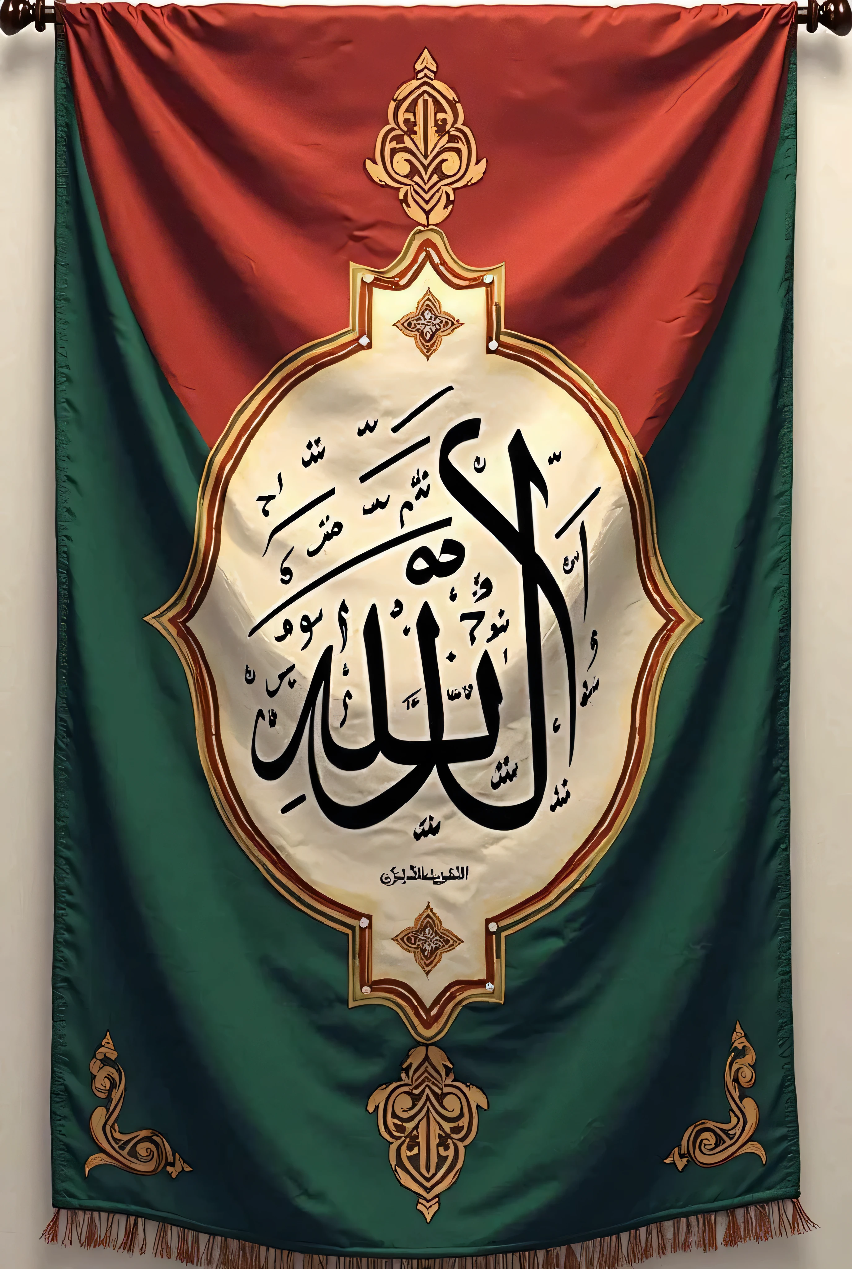 A flag with colours blck yellow white and green with a complex pattern and allahu akbar in irans style on it (a plain simple 2d png)