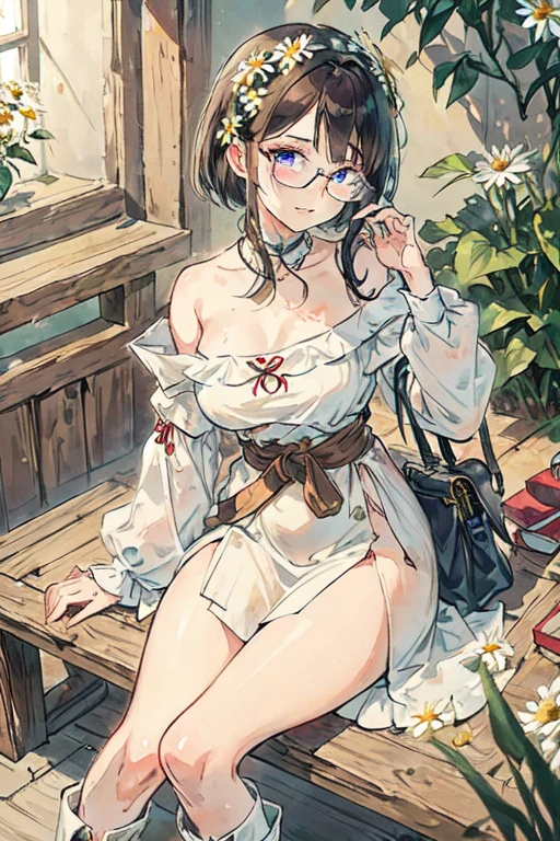 (masterpiece), (highest quality), ((Super detailed))、(super delicate)、Cute naughty peasant woman、Pastel colors hair、medium breasts、Thighs、Gorgeous、black hair, short hair, (low twintails), glasses, standard height, (anxious face:1,2、blush:1.2, quiet personality:1.2), (naked)