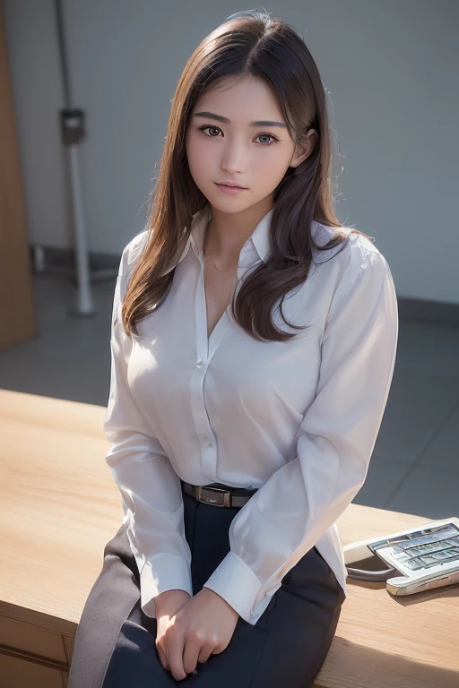 dutch angle, from below, thick thighs, sit, a lot of details, neat figure, 30 years old, detailed long hair, short wavy delicate hair, Lateral braid, detailed black hair, beatiful detailed hair, super fucking beautiful, happy, open mouth, perfect hands, small breast, perfect and delicate limbs, detailed skin, business suit, skirt, high heels, open jacket, cream background Clothes, Tables and chairs in disarray, window, best quality, ultra-detailed,