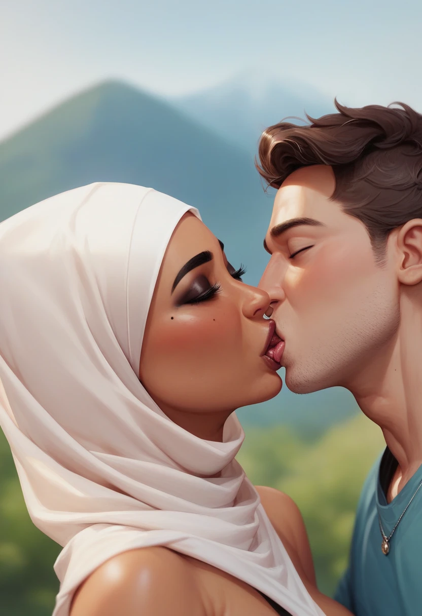 African black man pissing piss urine on face of a Pale skin nude woman in hijab laying down in bathroom