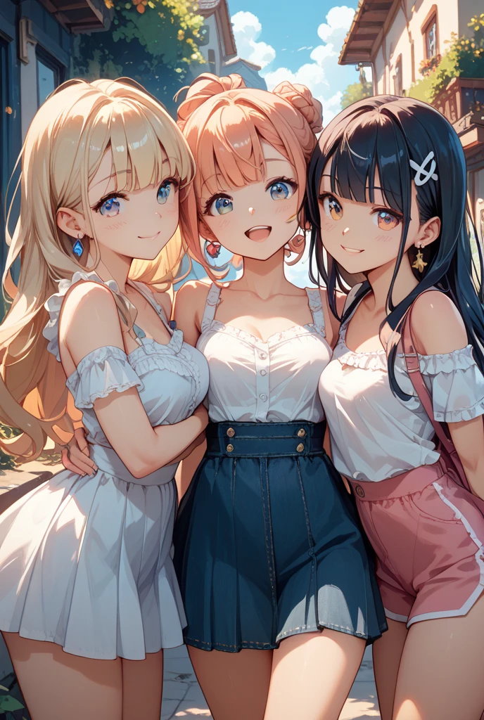 (Cute eyes:1.2), (Sparkling eyes:1.2),(Beautiful Eyes:1.2), Highest quality,wonderful,finely,Highly detailed CG Unity 8k wallpaper, (The three of them hugged each other:1.3),(Three people of different heights:1.5), (Three Girls, JK, Skinny body, Dressed), (Huge breasts:1.3), (Open your mouth:1.1),(JK:1.2),(From behind:1.2),(Beautiful Eyes:1.2),(Different hairstyles),(All three of them wear the same costume:1.6),(All three have different eye colors:1.5),(All three have different skin colors.:1.5),(Upper Body:1.5),(Sailor suit:1.3)