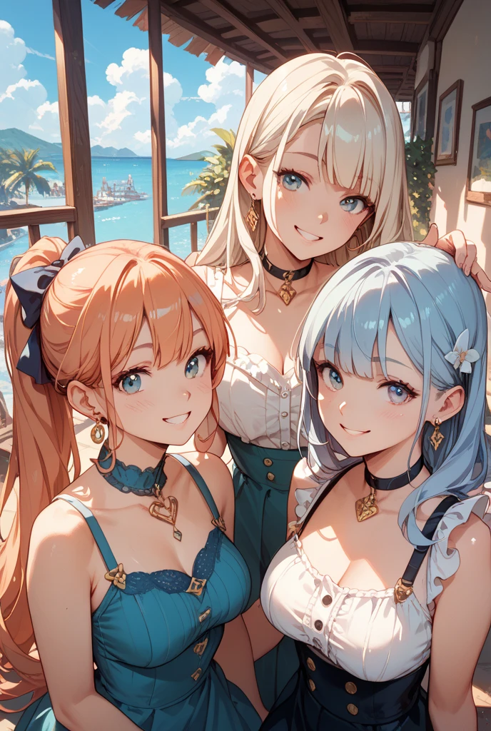 ( 3 girls),smile、Look into the camera、diamond necklace、Heart braids, random colored tank top：1.2、The material is smooth and flexible..、revealing upper arms、Blue-green striped knee-length socks Extra long double tail feathers、close range shooting、Flower Hair Ornaments、Close your eyes、Garter、 Masterpiece, Highest quality, 8ก, beautiful girl, young face、 photography, Cute face, thigh,waterfall,、รอยsmile、 blue eyes(((The chest is erect.)))(((round chest)))(((big breasts:1.2)))