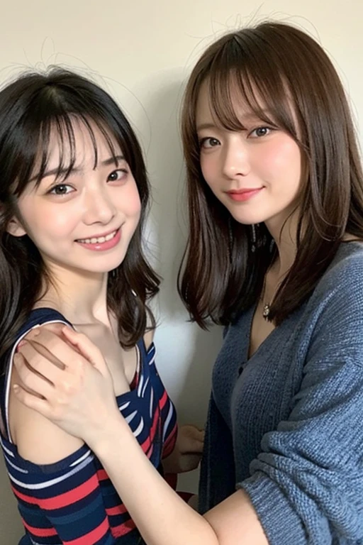 (masterpiece:1.3), (8K, Photoreal, Raw photo, best image quality: 1.4), Japanese high school girl、Similar identical twins、2 girls、(random hairstyle:1.2)、cleavage:1.2、super detail face、eye for details、double eyelid、chest to chest、sharp focus:1.2、Beautiful woman:1.4、light brown hair、highest quality、masterpiece、Super high resolution、(Photoreal:1.4)、Highly detailed and professionally lit smiles、loose and light knitwear, Two girls whose faces, figures, and standing positions are perfectly copied like the virtual image reflected in the mirror and the real image.,To her rightside there is a mirror in which she sees herself., all girls are exactly the same face