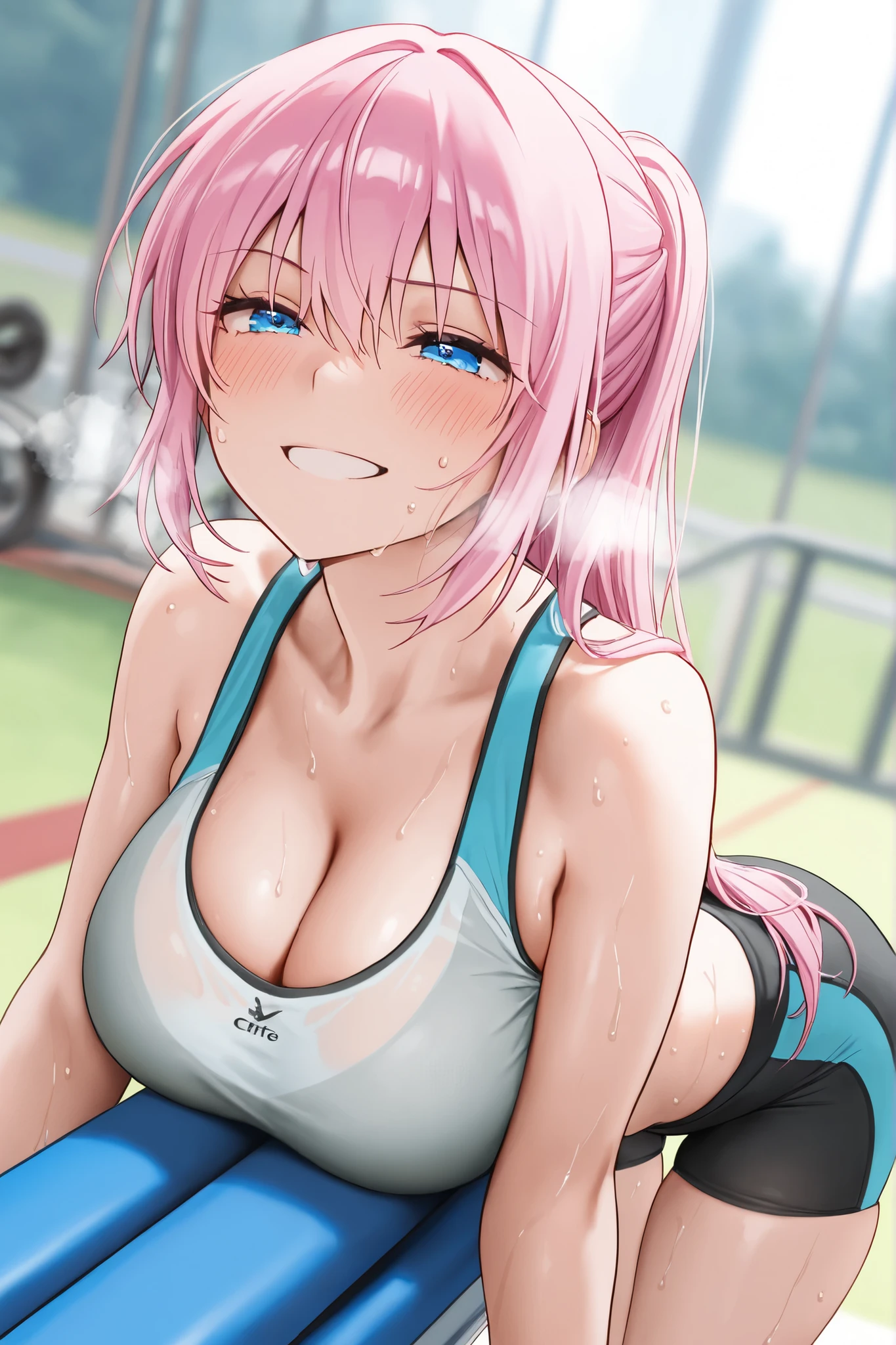 gym, exersice, workout, hot, sweating, sweaty, tan, big boobs, tan skin, lifting, flustered, blush, pink clothes, see thru, sitting, sitting on ground, resting, pink hair, earrings, gyaru, ponytail, pink hair , older girl, eyes closed, smile, smiling