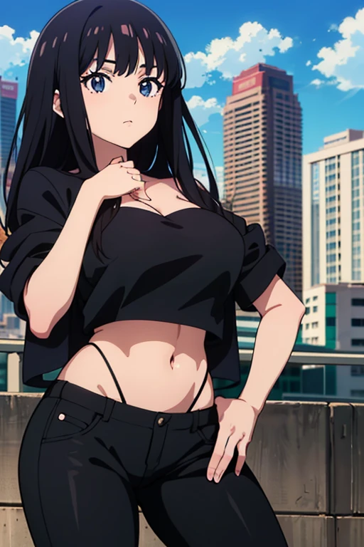 Masterpiece, best quality, high resolution, 1 woman, Karin , black skin , long black hair , black tank top , bikini , abdomen , big breasts, Long legs , stand on your hips , roadside , city