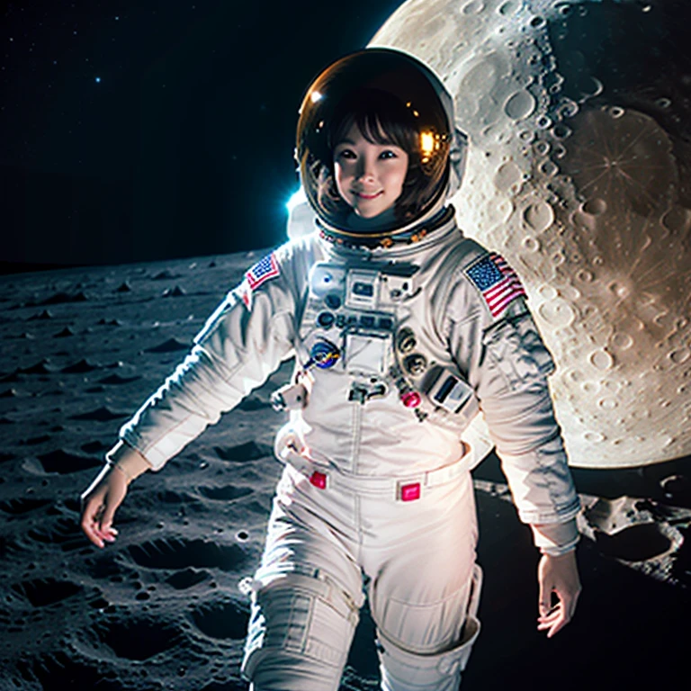 1girl,astronaut,orange planet uniform,on moon,moonscape,happy,space helmet,