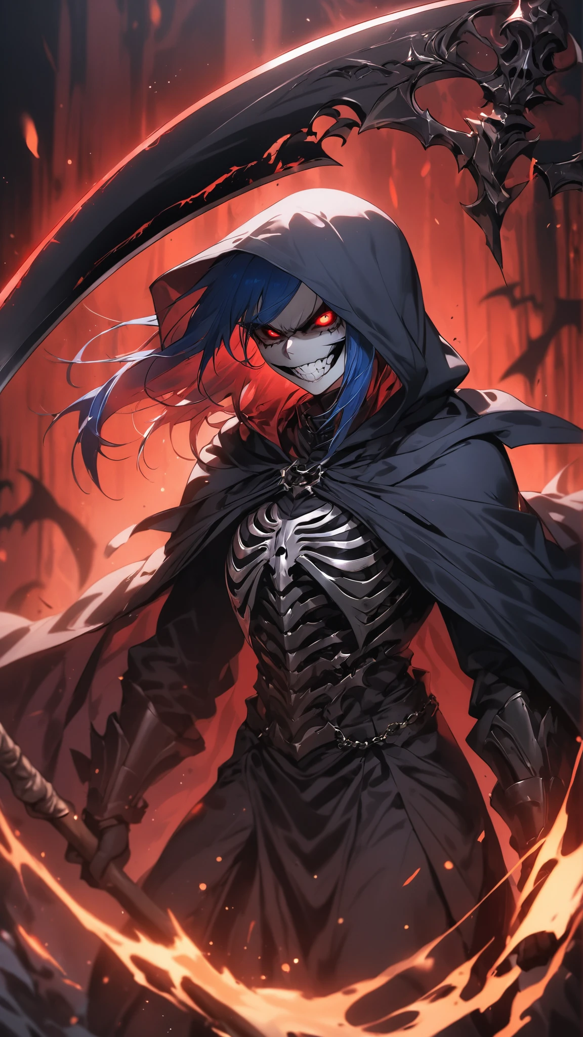 male, evil, hell, purple flame, purple flame hand, skull, chain, tatoo, bats, bone, blood, glowing eyes, purple eyes, dark red hair, emperor dark outfit