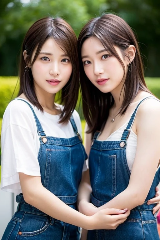 (best quality, 2heads, asian girl with two head kissing girl on cheek, different hair bangs, tied hair, half color t-shirt,park background,)