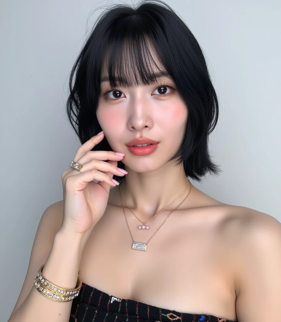 Black hair bob, (8k, RAW photo, photorealistic: 1.25), (very much lip gloss, many eyelashes, highest quality, ultra high resolution, depth of field, (smile;1.5),chromatic aberration, caustics, wide light, natural color, Japanese , Female in her 30s) Staring at the viewer, necklace, bracelet, choker, full body, big breasts, mole on chest, bare legs, Black lingerie