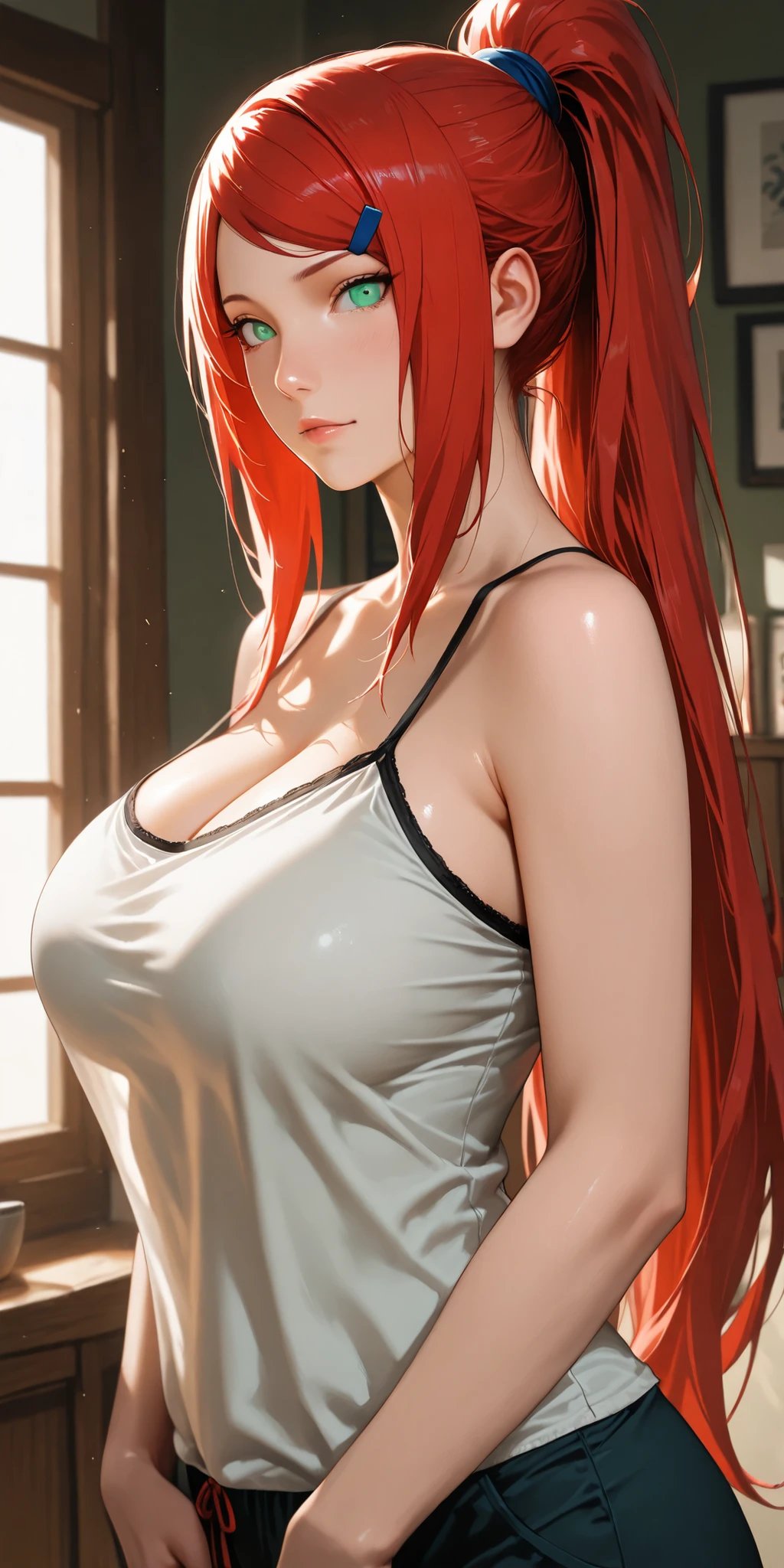 (best quality,highres:1.2),ultra-detailed,realistic,photorealistic:1.37,a beautiful girl (Erza Scarlet from Fairy Tail) model in a pop style,18 years old,long legs,medium breasts,extremely detailed face (with emphasis on azure eyes),Her red-colored hair falls to her shoulders.She is dressed in a short tight multi-colored skirt(panties are visible) and a short top (torn style)bent down, lifting her ass to the top,more sexy pose,illustration,colorful pop art style,dynamic lighting,neon colors,sunglasses on head.Nsfw