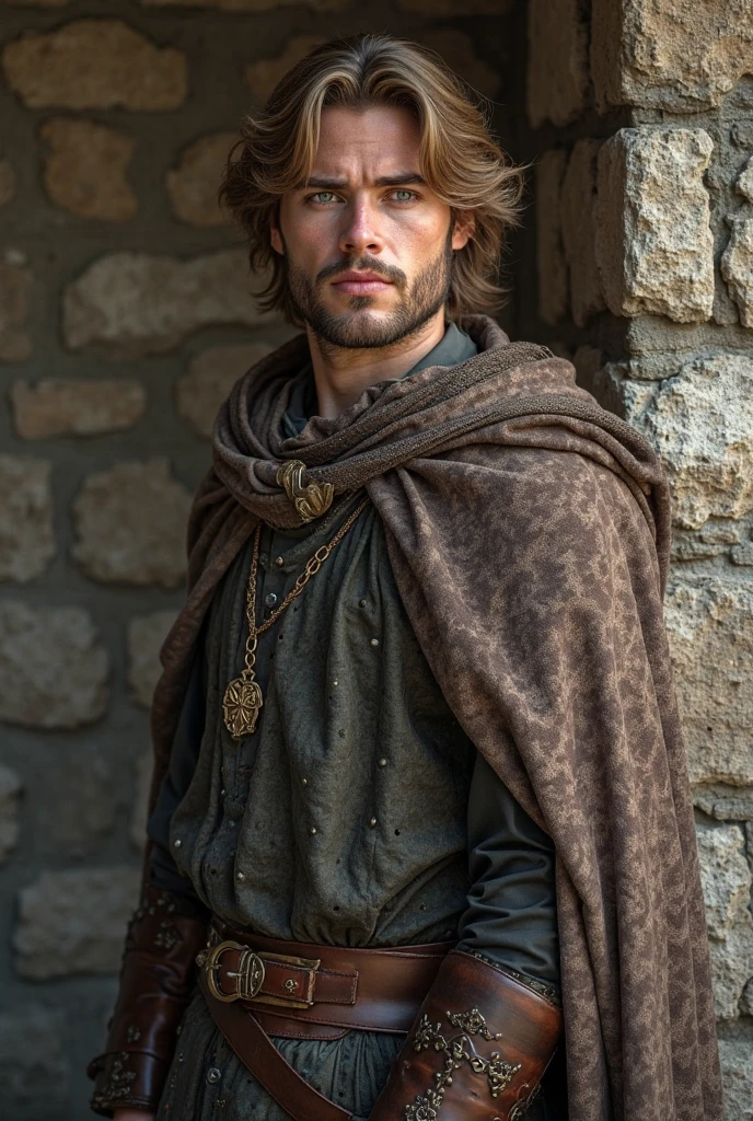 serious medieval man, 41 years old, 6 foot 2, fairly handsome, well built, short light brown hair, dull gray long sleeve tunic, dull brown trousers, iron talisman around neck