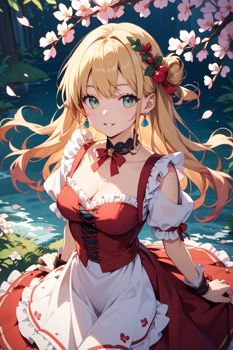 masterpiece,best quality, ultra-detailed,1girl(sakurai momoka, lovely small breasts, glow skin, wavy hair, long hair, blonde hair, headband, pink flower in hair,green eyes),smile, glow lips, nose blush, blush, facing viewer, looking at viewer, solo, red dress, cleavage, white thighhighs, outdoor, standing, , Sexy waist teasing, , a provocative pose