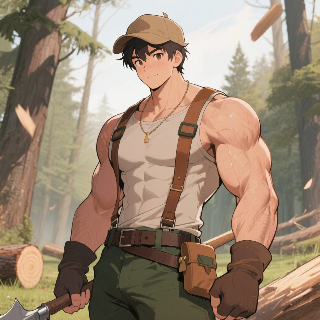 masterpiece,highest quality,masterpiece、((1 female))、muscular、big chest、T-shirt、shorts、have an ax、Cutting down cedar trees、Sweat、vexation