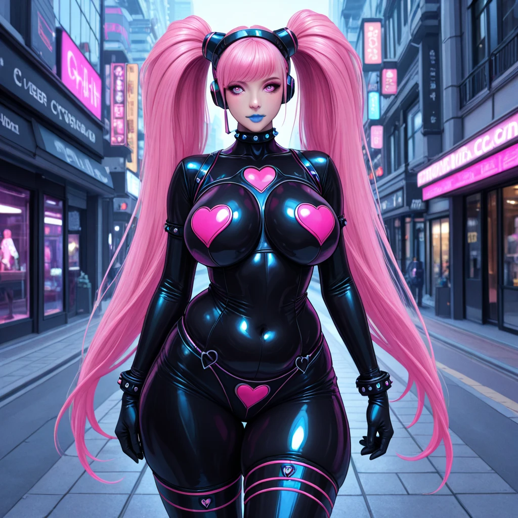 ((full body):1.5) (({1/half robot woman}):1.5). Just {1/half-robot woman}:((wearing an all-black mech suit showing parts of her robot body, extremely tight on her body):1.3). Only {1/half-robot woman}:((has green eyes, short straight pink hair with large braids):1.3). Only {1/half-robot woman}:((has extremely large breasts):1.5). Only {1/half-robot woman}:((she's looking at the viewer with furious eyes, smiling, striking erotic poses, and standing):1.4). In a futuristic city raining a lot with several ((cars flying in your):1.8). Anime, anime style, 16k, high resolution, ((best quality, high detail: 1.5)), UHD, ((masterpiece))