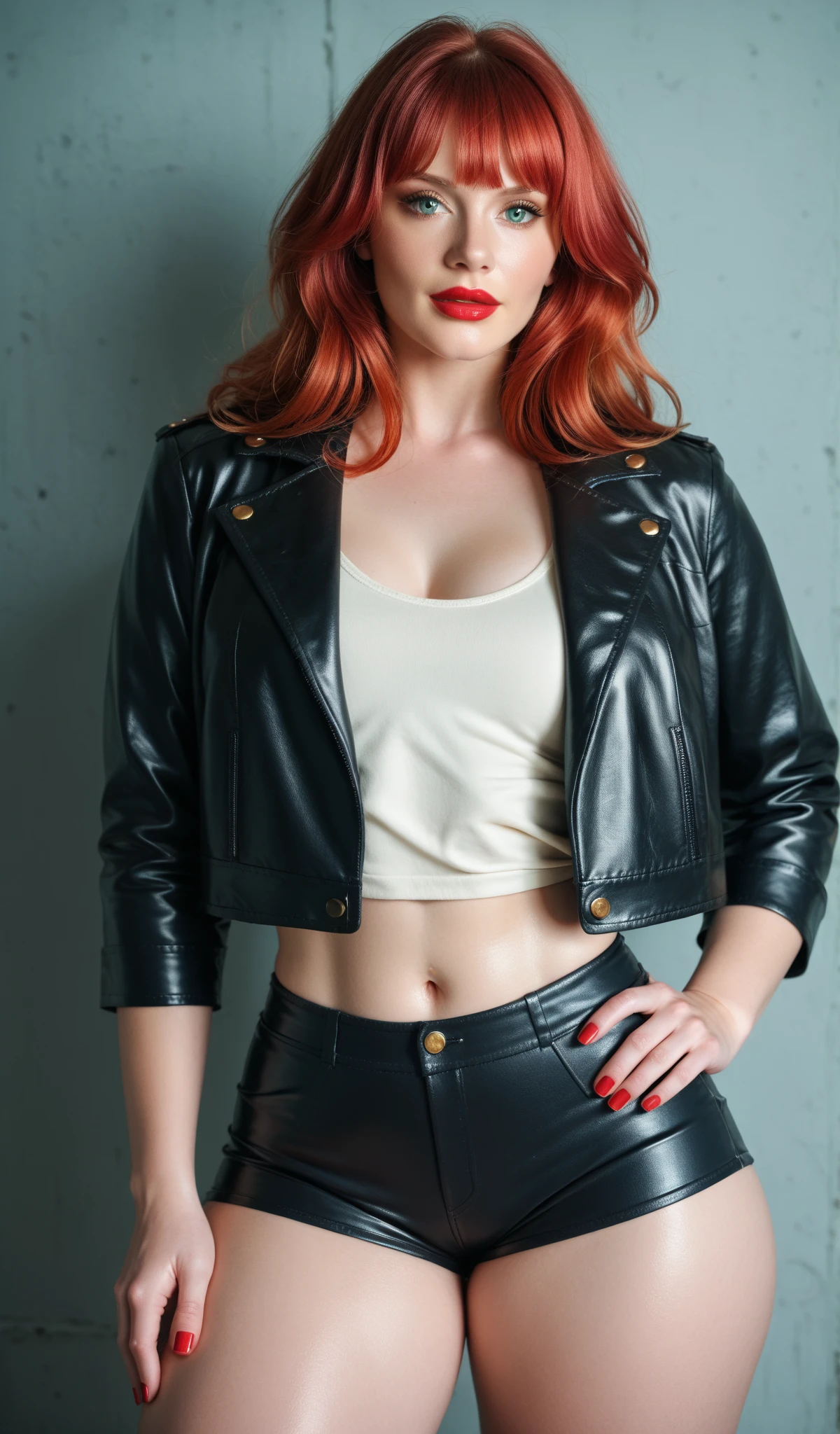 ultra realistic, photography, long red hair, girl, 24 years old, hourglass figure, perfect body, small breasts, Flirty look, Cheryl blossom (Riverdale) costume, red Leather jacket, black leather pants, big red lips, (full body shot:1.1) photorealistic image of a (standing pose:1.1) woman, full body, wide angle, wide angle shot, she wears red high heels