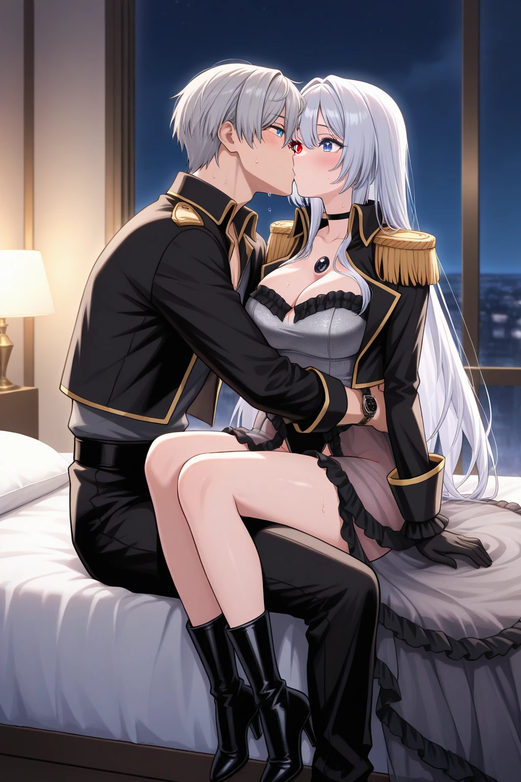 ((Highest quality)), ((masterpiece)), (detailed), (Perfect Face)、The woman is Princess Leona having sex. She has medium-long light brown hair and is wearing a sexy black military uniform and military cap for women. In a luxurious room, she is embraced by a strong, dignified, old, male general who is a villain. As his lover, she embraces and kisses the strong, dignified, old, male general, and they make love and have sex on the bed.、The woman has medium-long hair, is brainwashed, has no expression, and has no highlights in her eyes.