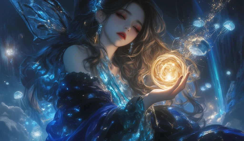 1girl in, (witchcore, witchcraft, pagan, Mystical, Nature, occult) , magician, spell magic, Magic Circle, ((magic in hand)),(masutepiece, Best Quality:1.4),(absurderes, hight resolution, ultra-detailliert:1.2),(using light magic:1.4),imaginative overlays, artistic fusion,fantastical scenes, evocative narratives, striking visuals, Upper body ，(((Best Quality))),(((ultra-detailliert))),(((masutepiece)))top-quality、(Zentangle、a Mandala、Tangles、Entanglement)、Holy Light、pure、There are also resilient messages, Overcoming and hope. Breasts are small and B size、A slender、The chest is open、Eyes are double（A detailed eye）, Beautifully detailed、Hair that flutters in the wind、high-heels、Gold Anklet、Eyes are on the viewer、poneyTail