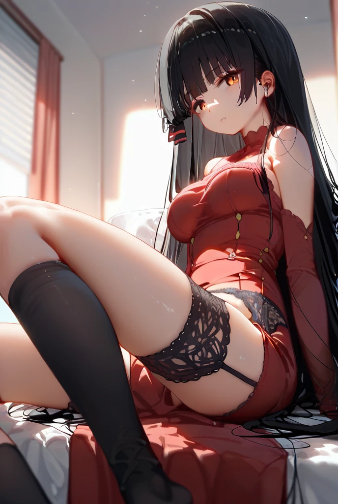 one girl、kaguyashinomiya, kaguya shinomiya, folded ponytail, amount, hair ribbon, (red eyes:1.5), red ribbon, ribbon, short hair, side lock, (small breasts:1.2), break looking at viewer, break indoors, classroom, break (masterpiece:1.2), highest quality, High resolution, unity 8k wallpaper, (figure:0.8), (detailed and beautiful eyes:1.6), highly detailed face, perfect lighting, Very detailed CG, (perfect hands, perfect anatomy)、fall down on the bed、It's fallen down、A system where the face can be seen from between the legs、Open your mouth wide、it's coming、a wistful face、sigh、embarrassed expression(1:2)、heavy breathing、racy underwear、See-through underwear、(((open your legs wide)))、sit、lie down on the bed、red bed、Open your feet wide