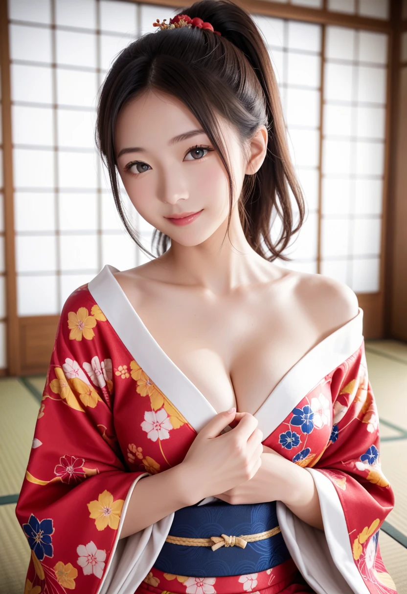 masterpiece、highest quality、High resolution、table top、wallpaper、realistic、bright lighting、professional lighting、face light、smooth lighting、japanese woman、adult woman、Beautiful woman、、modeled、gravure、sexy、super beautiful、beautiful skin、beautiful and detailed eyes、detailed face、slim、big breasts、cleavage 、short hair、brunette colored hair、brown eyes、look at the camera、japanese kimono、Japanese Yukata、In Fair