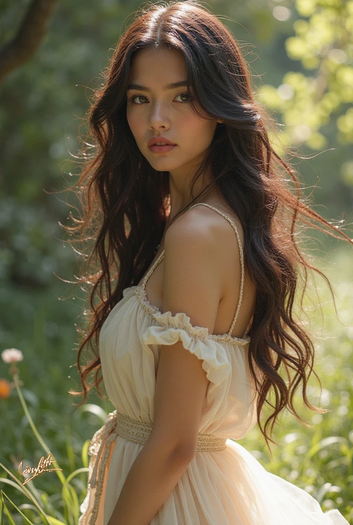 Beautiful brunette woman with long hair dressed in a white rubashka , perfect figure, very beautiful, beautiful face and eyes, realistic on the background of nature