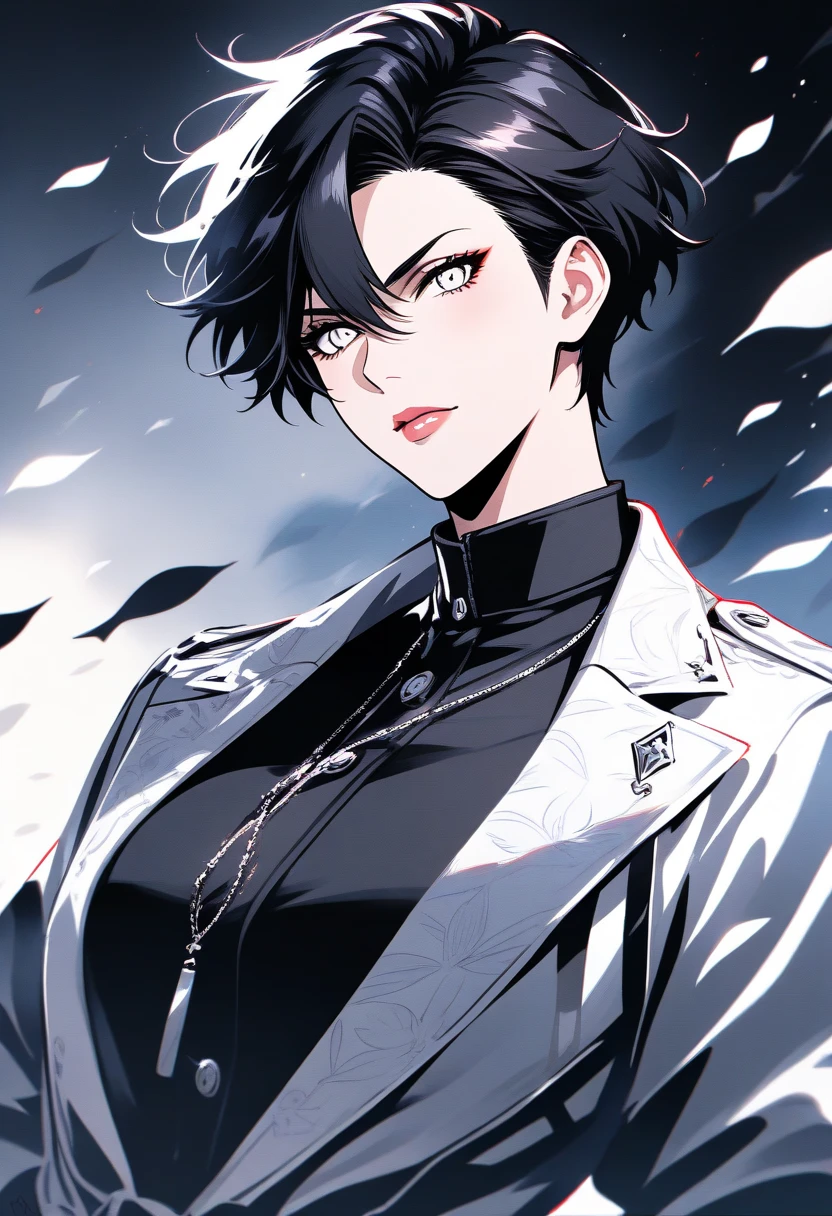 Female, beautiful, short black hair, has a tattoo on her neck, elegant clothes, cool, stylish, high image quality
